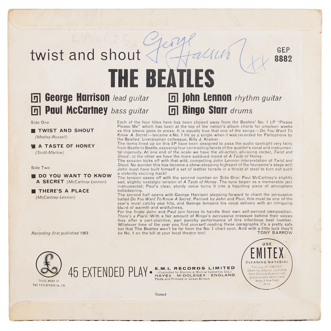 Beatles: George Harrison Signed 'Twist and Shout' 45 RPM EP Sleeve