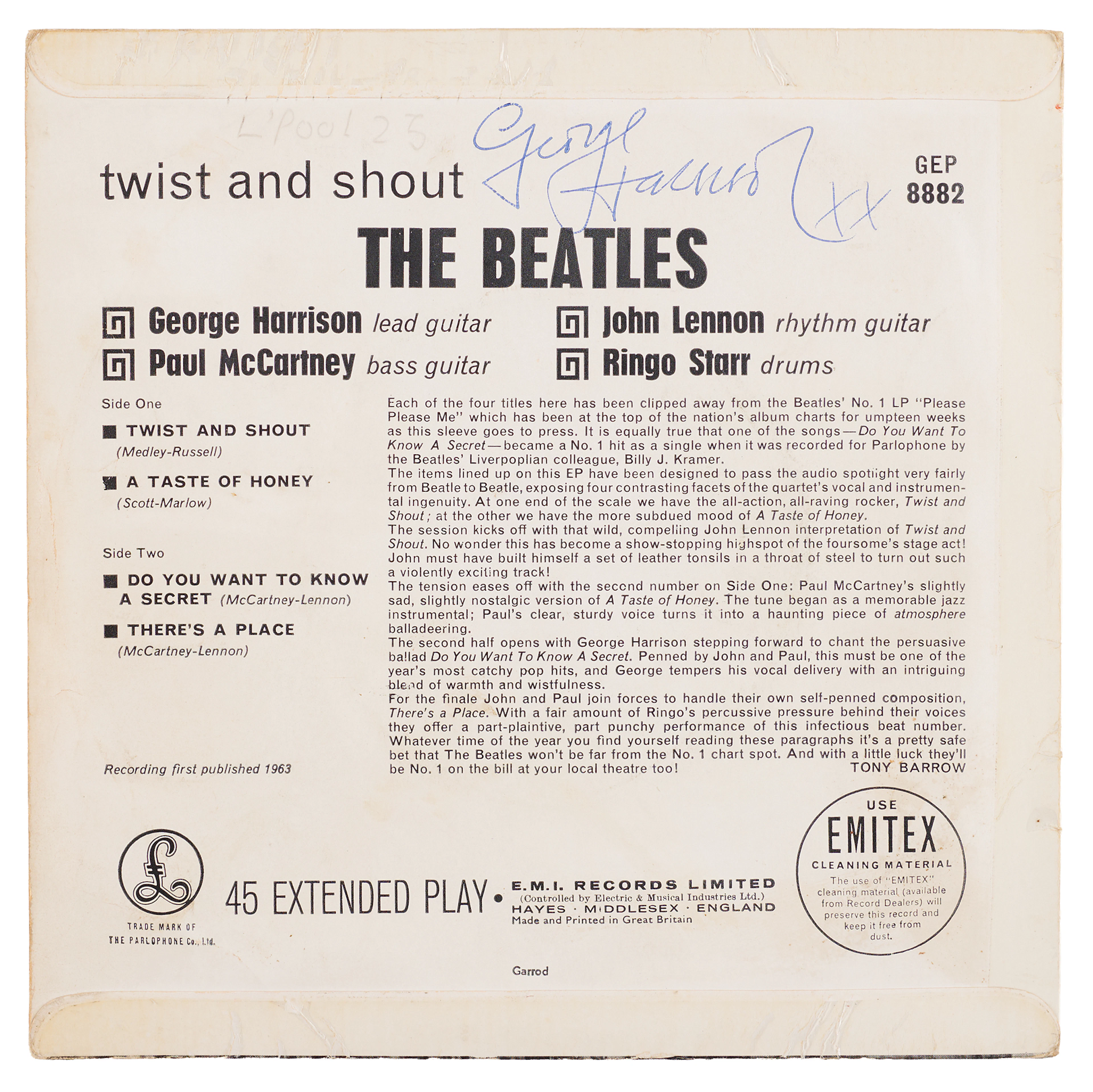 Beatles: George Harrison Signed 'Twist and Shout' 45 RPM EP Sleeve