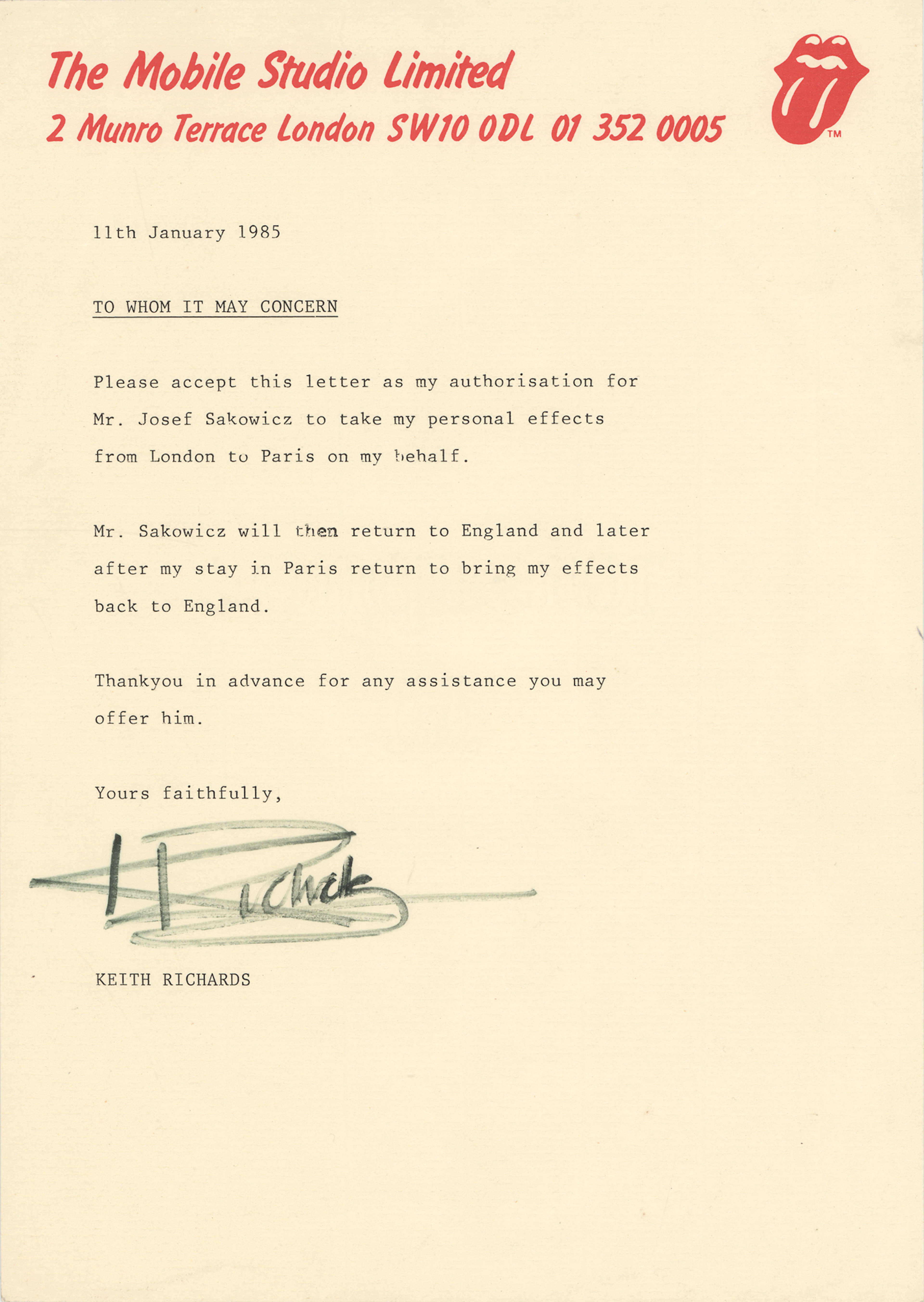 Rolling Stones: Keith Richards Signed Typed Letter of Authorization