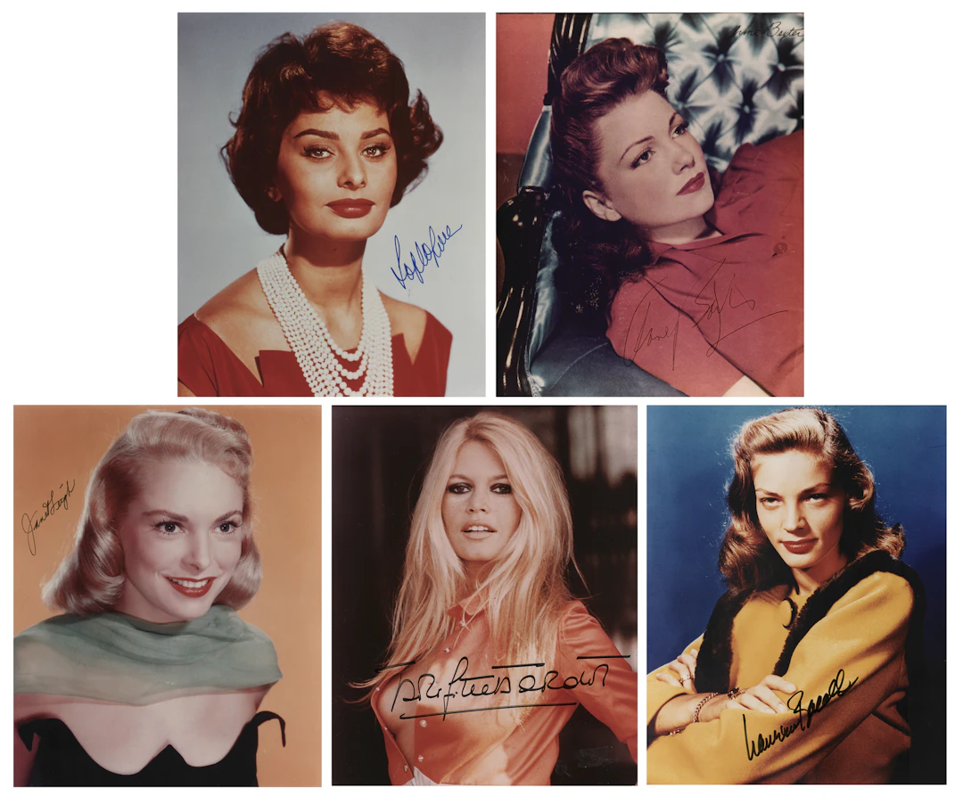 Actresses (5) Signed Photographs with Bardot, Loren, and Bacall