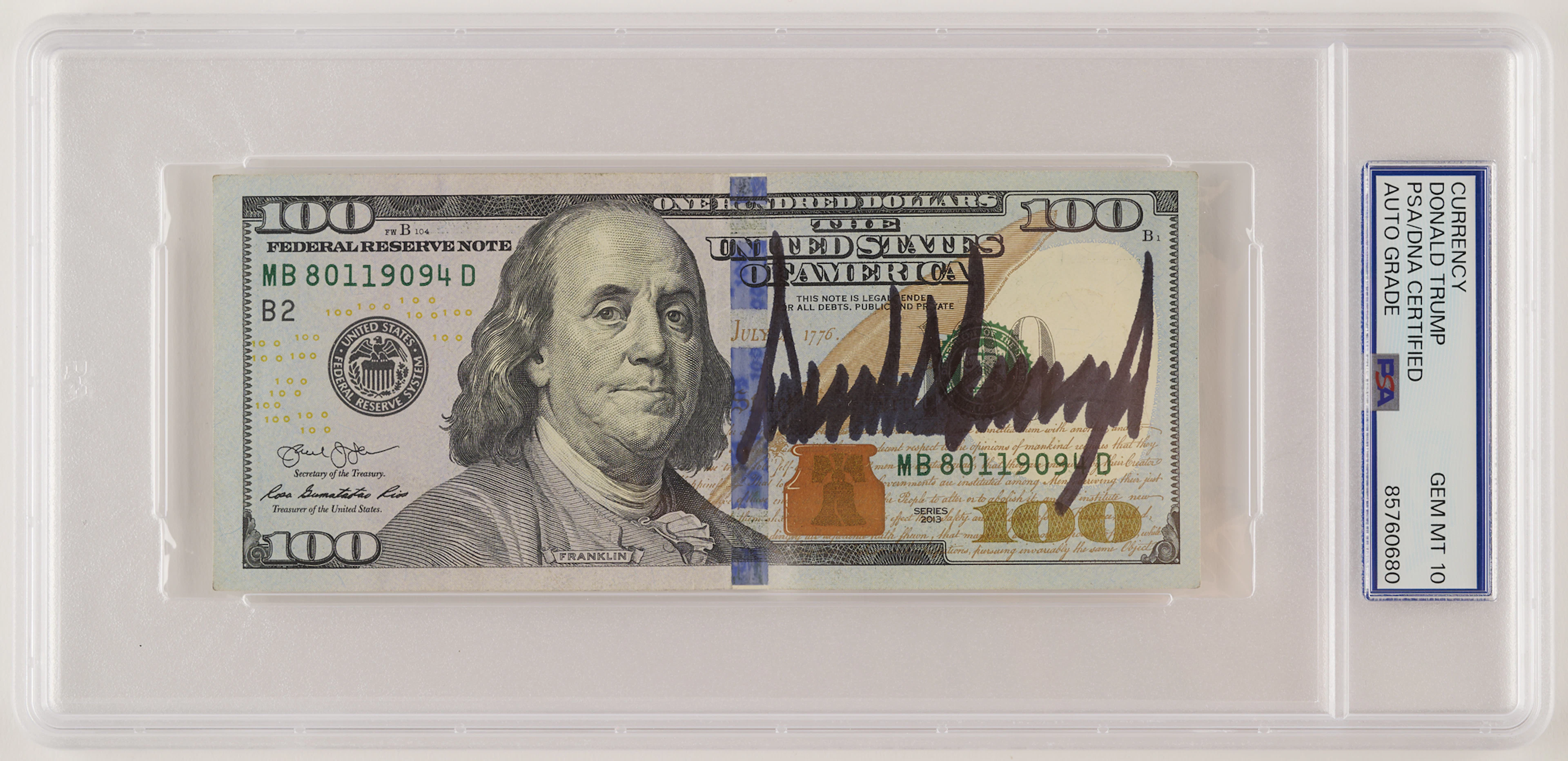Donald Trump Signed $100 Dollar Bill - PSA GEM MINT 10
