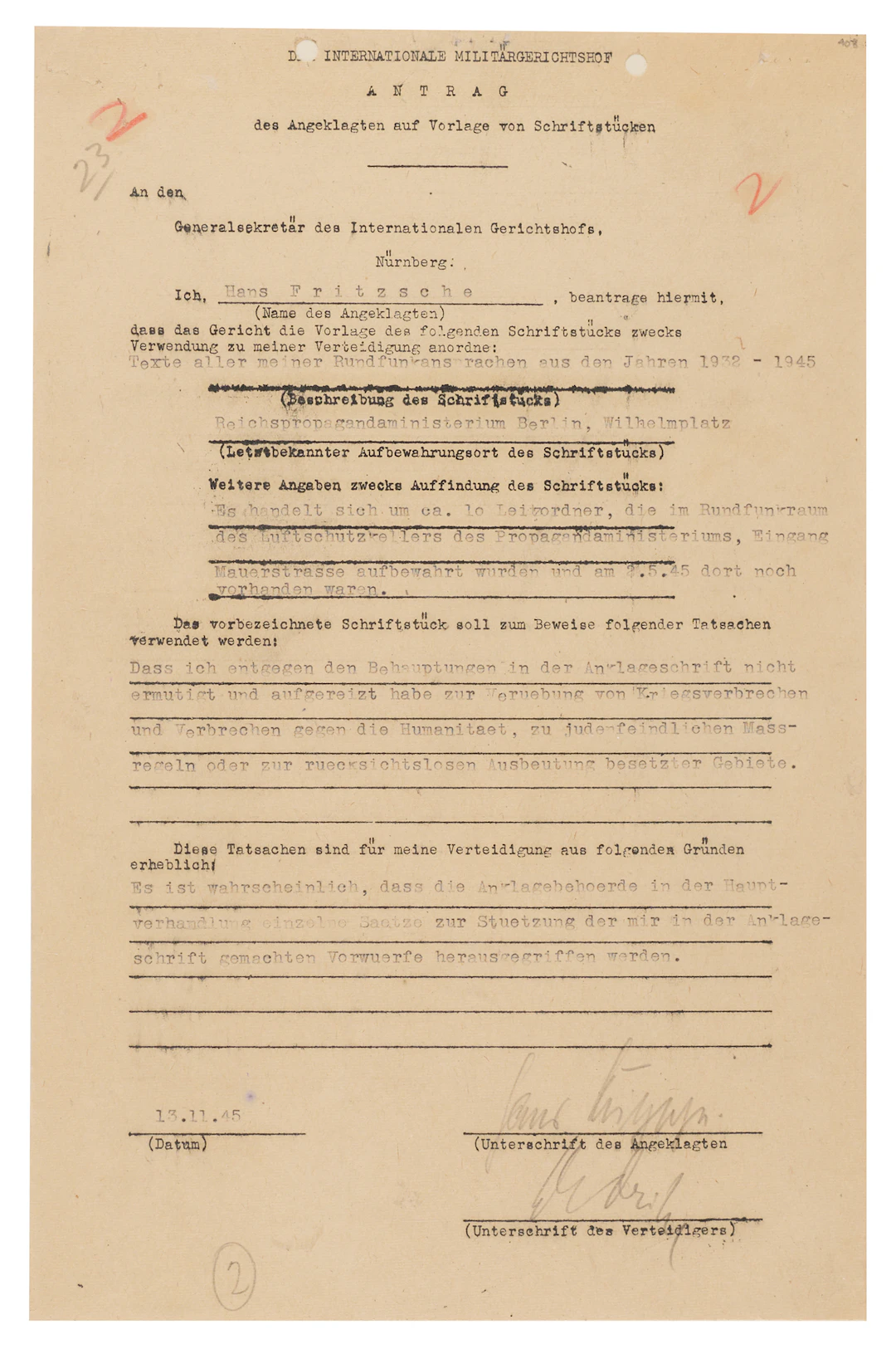 Hans Fritzsche Document Signed at Nuremberg, Preparing His Defense: