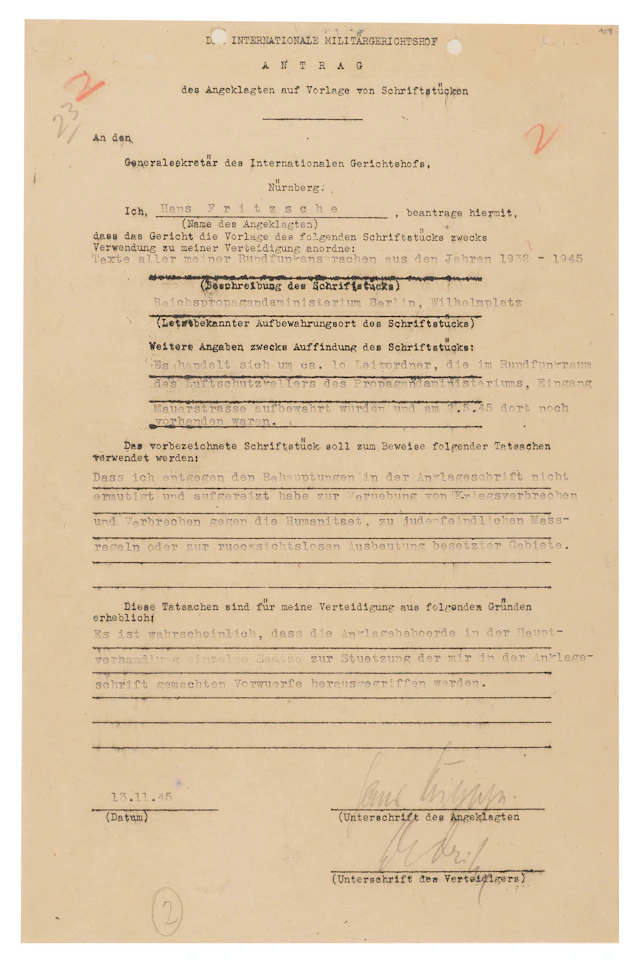 Hans Fritzsche Document Signed at Nuremberg, Preparing His Defense: