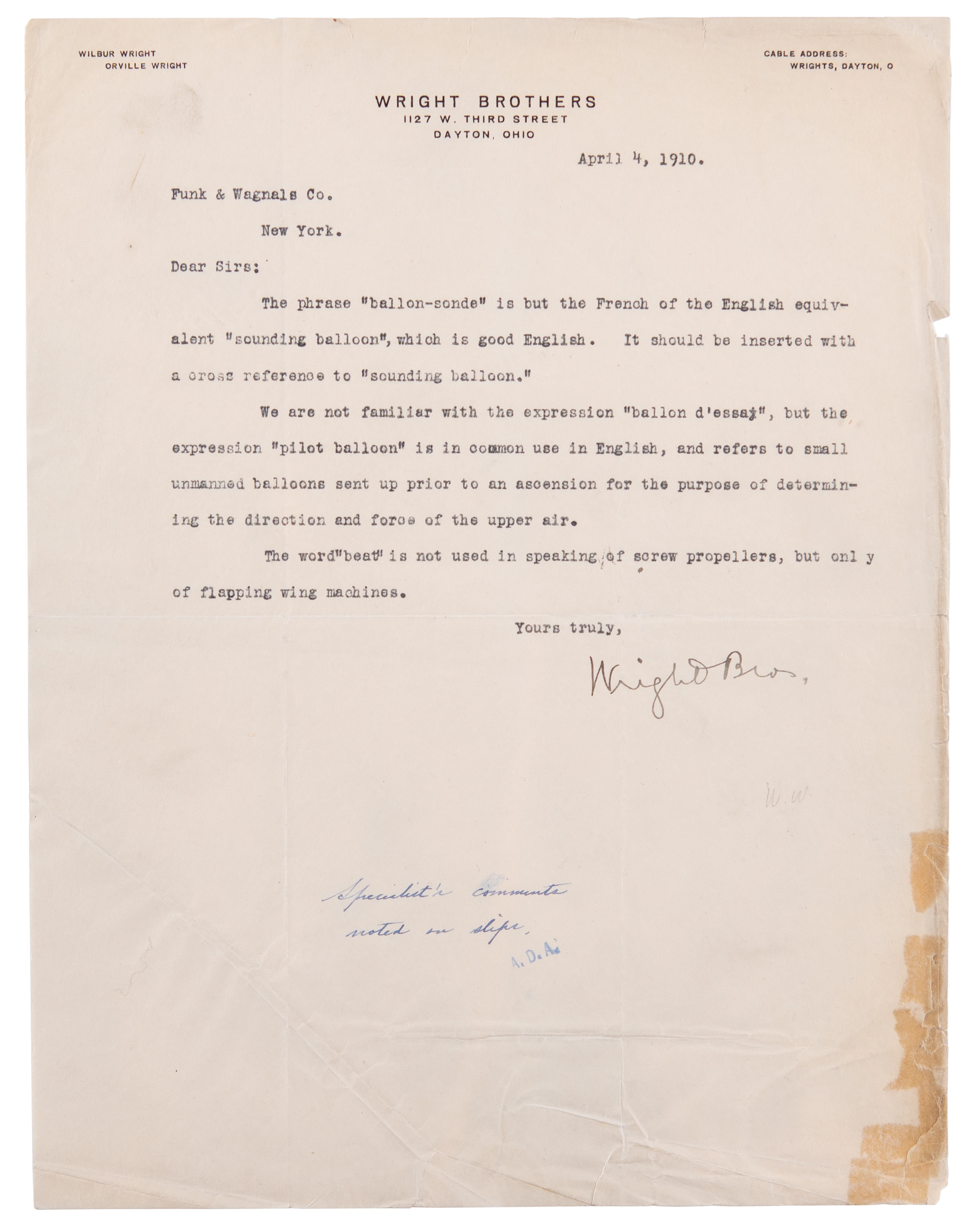 Wilbur Wright Typed Letter Signed to Dictionary Publisher Funk & Wagnalls