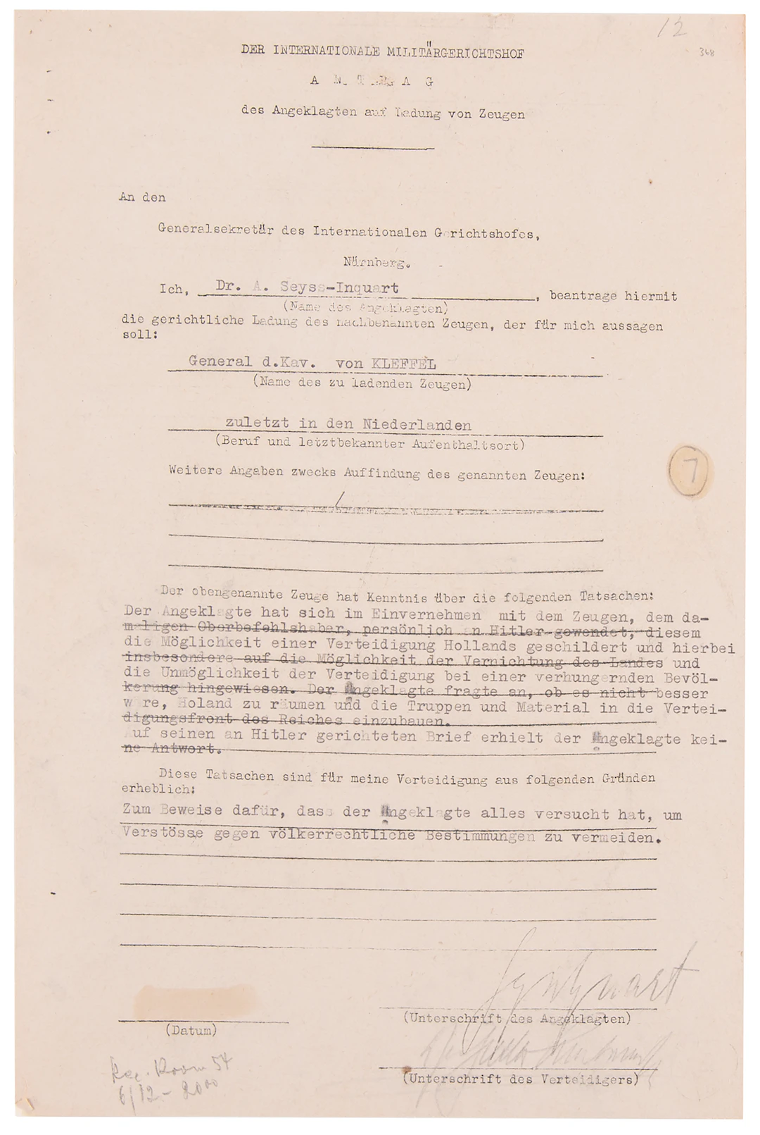 Arthur Seyss-Inquart Document Signed at Nuremberg, Claiming He Begged