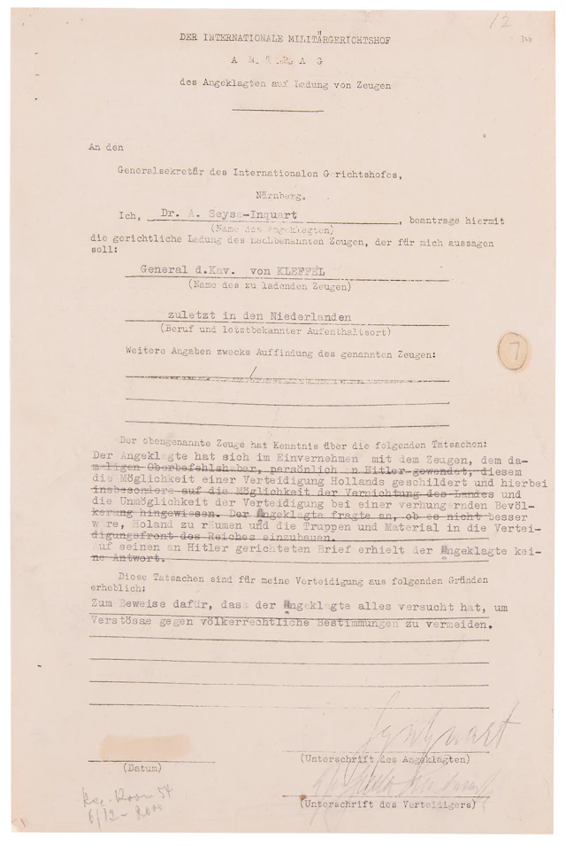 Arthur Seyss-Inquart Document Signed at Nuremberg, Claiming He Begged