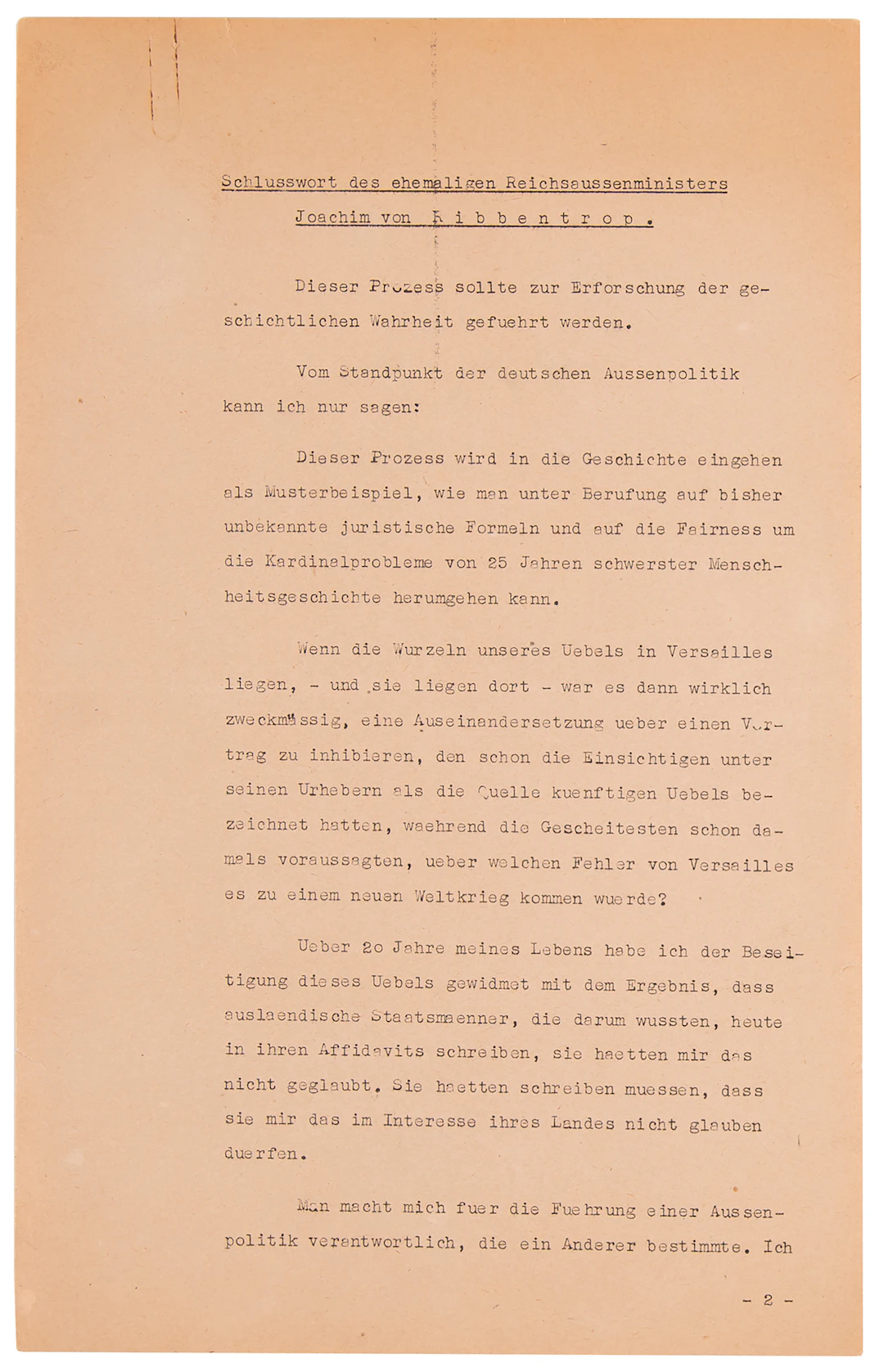 Joachim von Ribbentrop Typed Manuscript Signed at Nuremberg - His