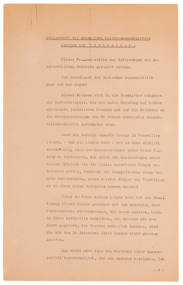Joachim von Ribbentrop Typed Manuscript Signed at Nuremberg - His
