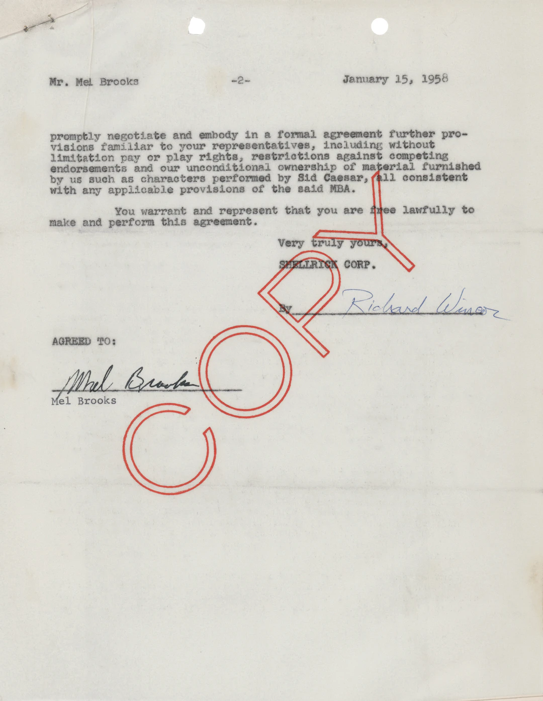 Mel Brooks Early Document Signed for Employment as a Writer on 'Sid