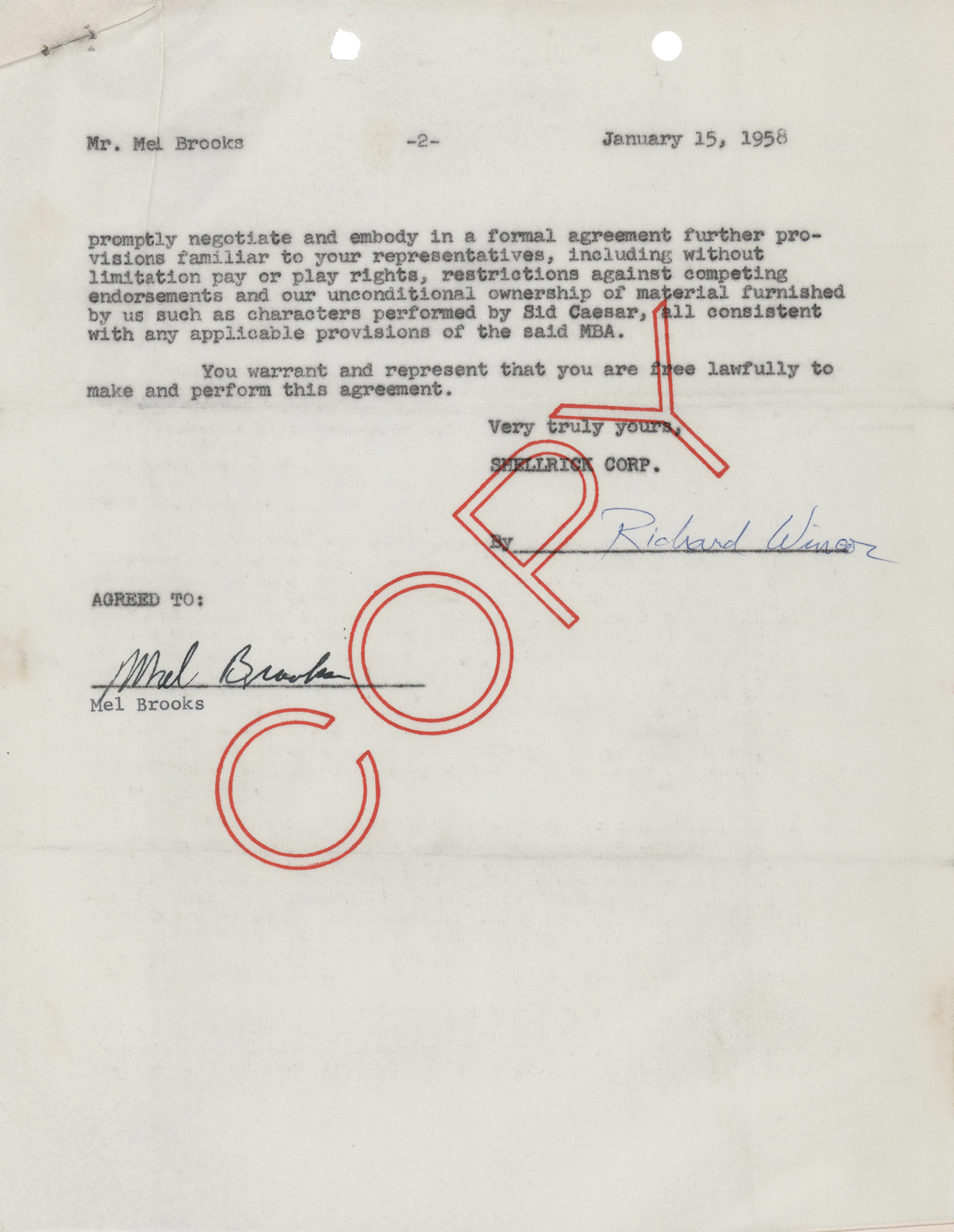 Mel Brooks Early Document Signed for Employment as a Writer on 'Sid