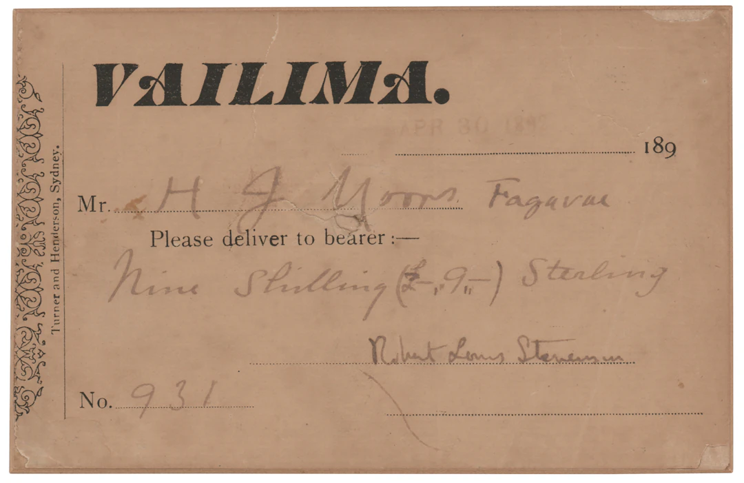 Robert Louis Stevenson Signed Financial Order from Vailima, Samoa (1892)