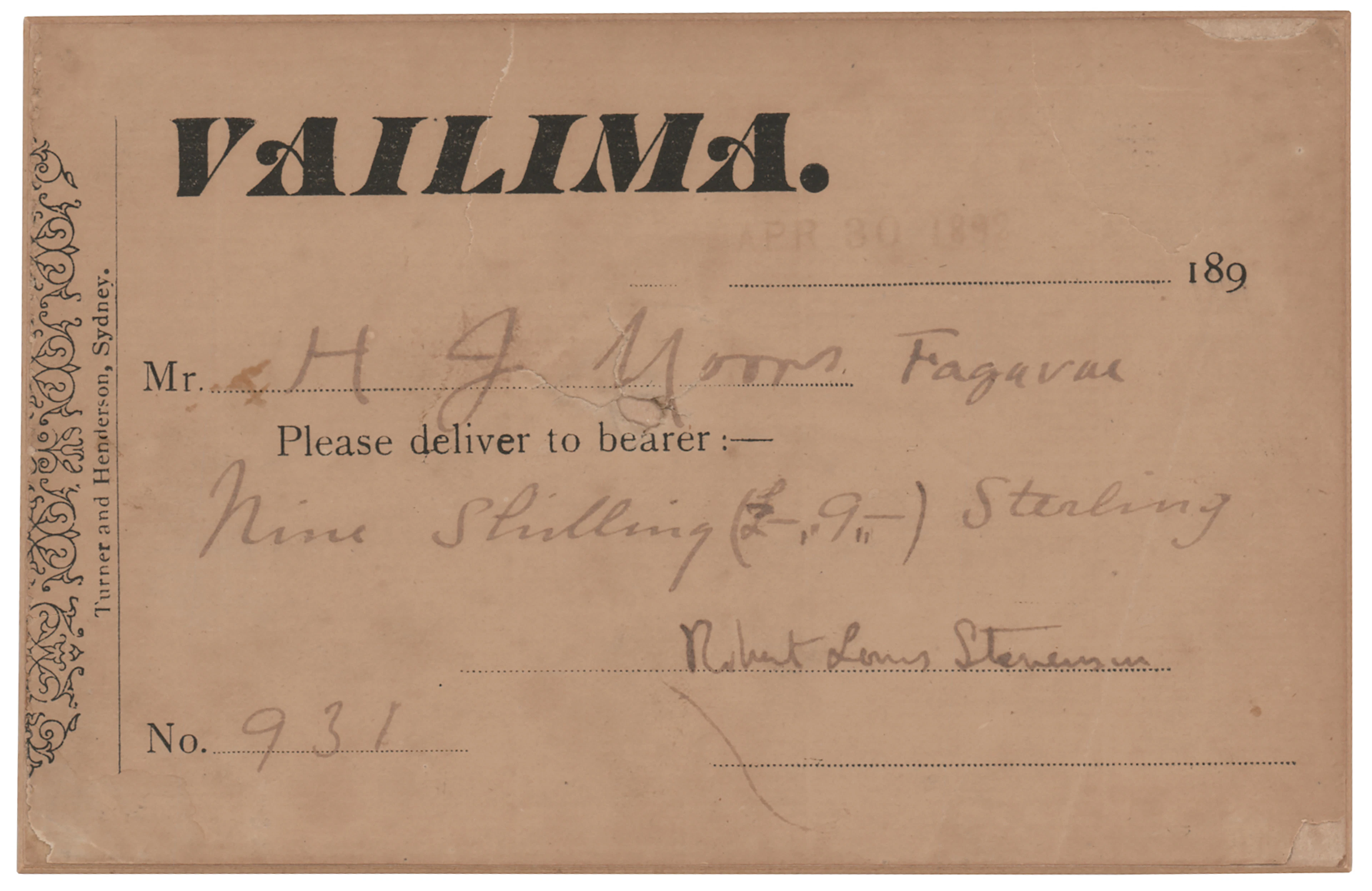 Robert Louis Stevenson Signed Financial Order from Vailima, Samoa (1892)