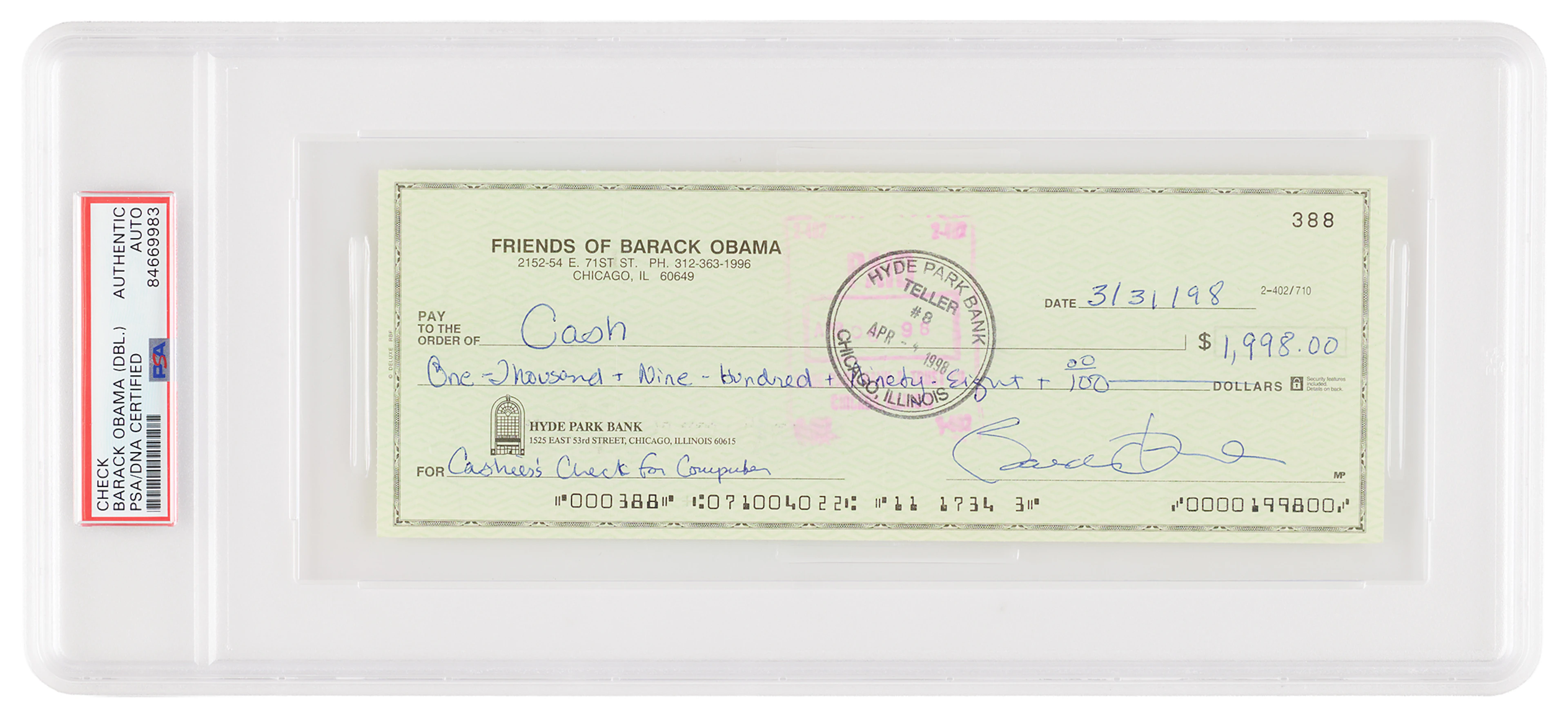 Barack Obama Twice-Signed Check, Amidst His 1998 Illinois State Senate Campaign