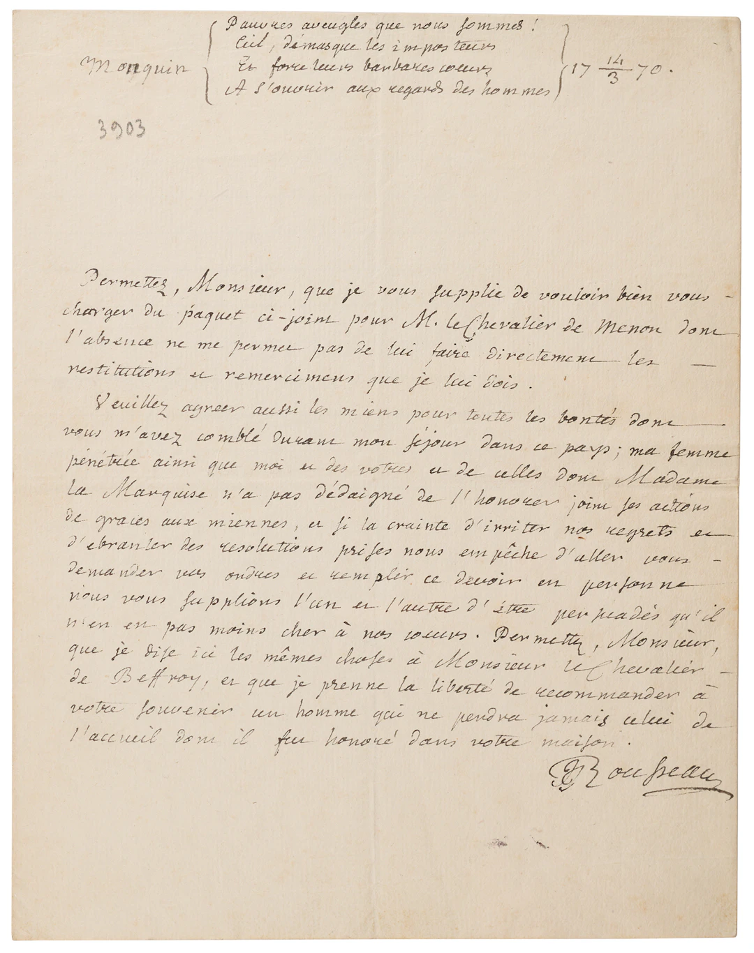 Jean-Jacques Rousseau Autograph Letter Signed: "Poor blind creatures