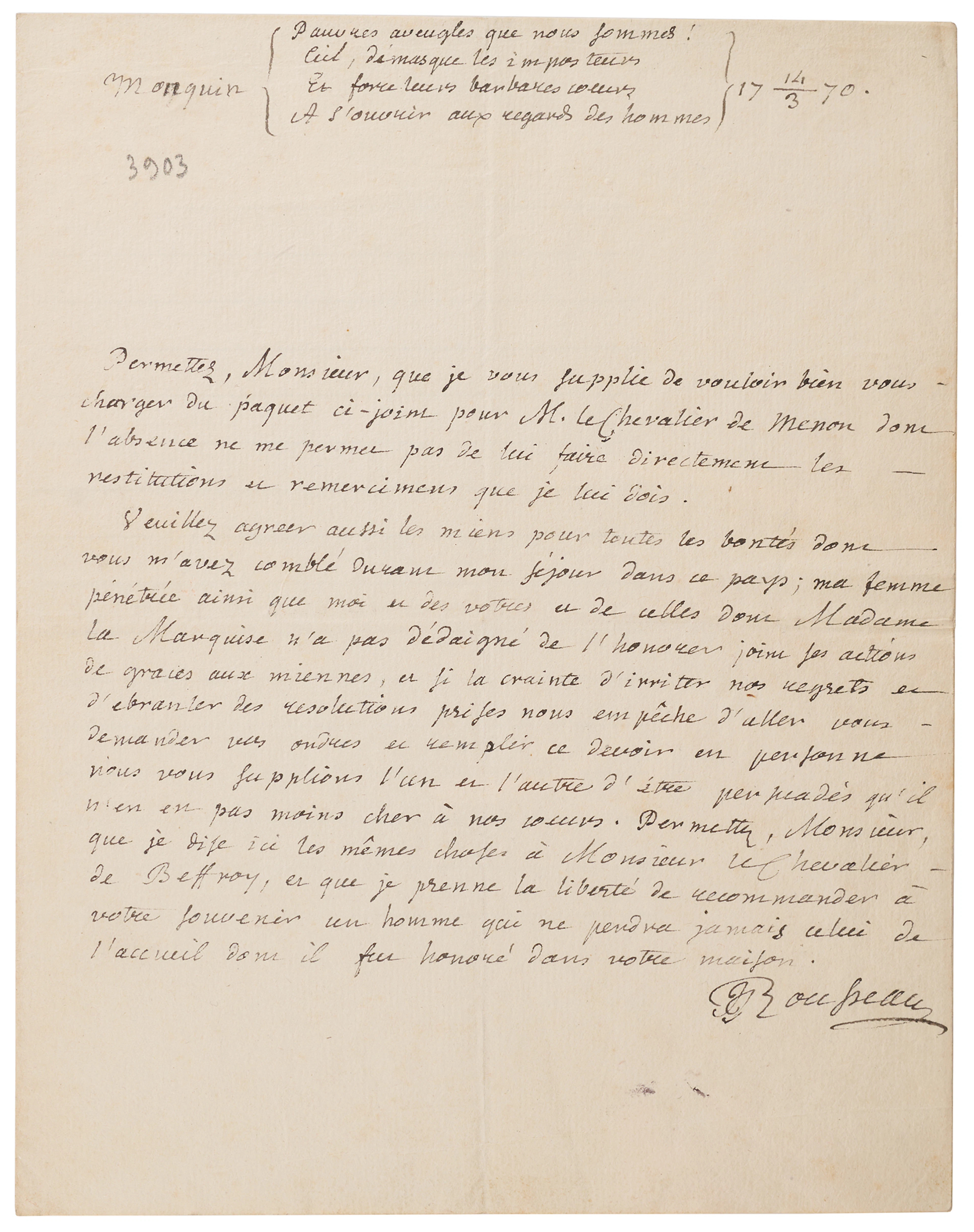 Jean-Jacques Rousseau Autograph Letter Signed: "Poor blind creatures