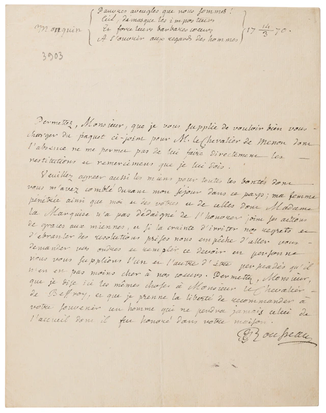 Jean-Jacques Rousseau Autograph Letter Signed: "Poor blind creatures