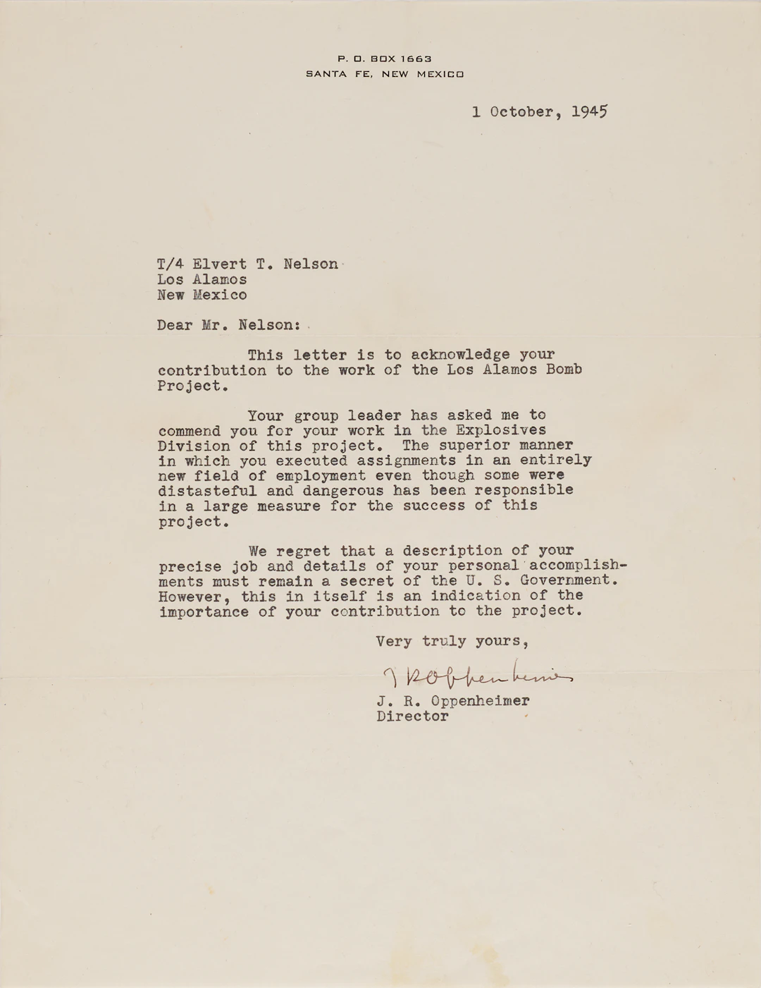 Robert Oppenheimer Typed Letter Signed to a Los Alamos Explosives