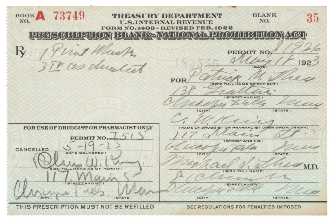 Prohibition: 1923 Liquor Prescription for Whiskey