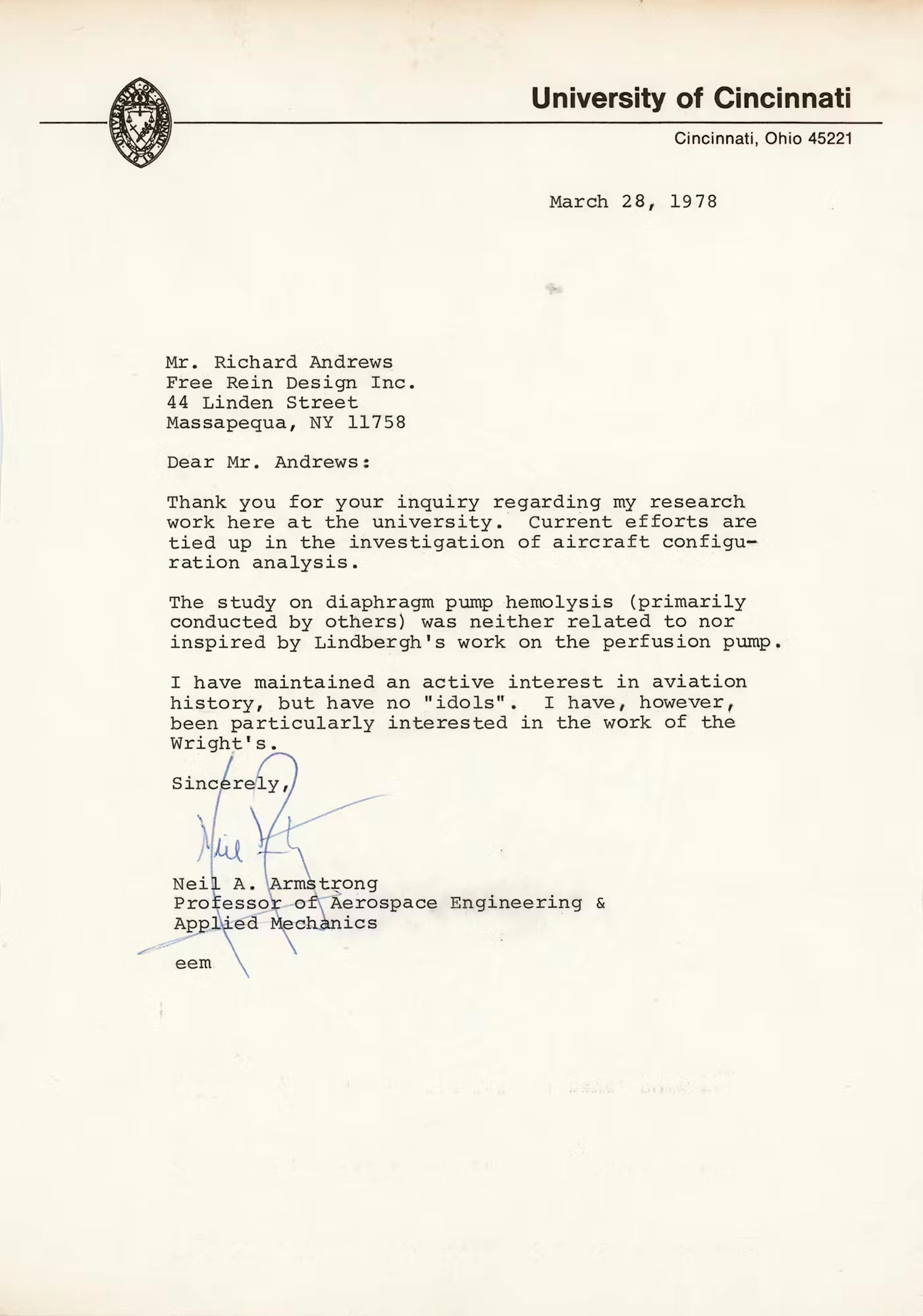 Neil Armstrong Typed Letter Signed on Charles Lindbergh and the Wright