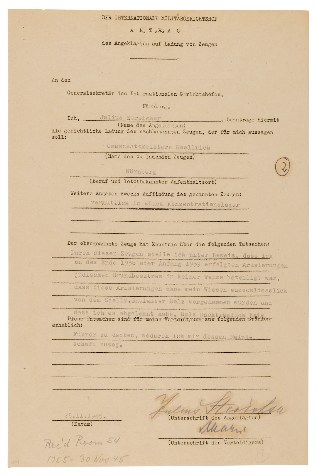 Julius Streicher Document Signed at Nuremberg (1945), Seeking a Witness