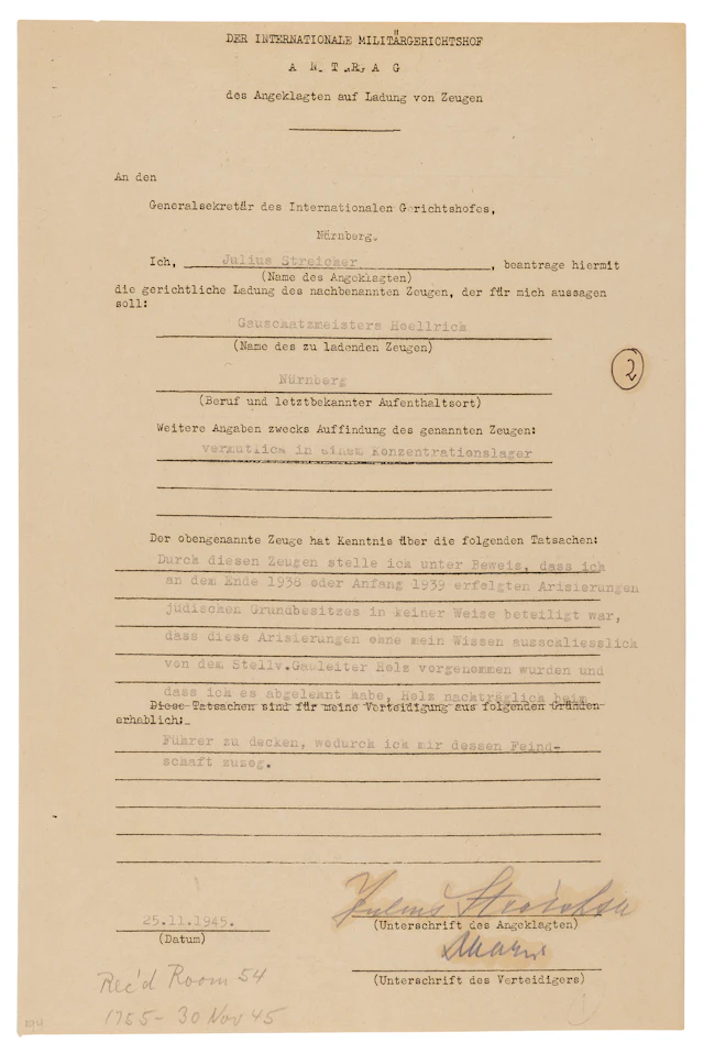 Julius Streicher Document Signed at Nuremberg (1945), Seeking a Witness