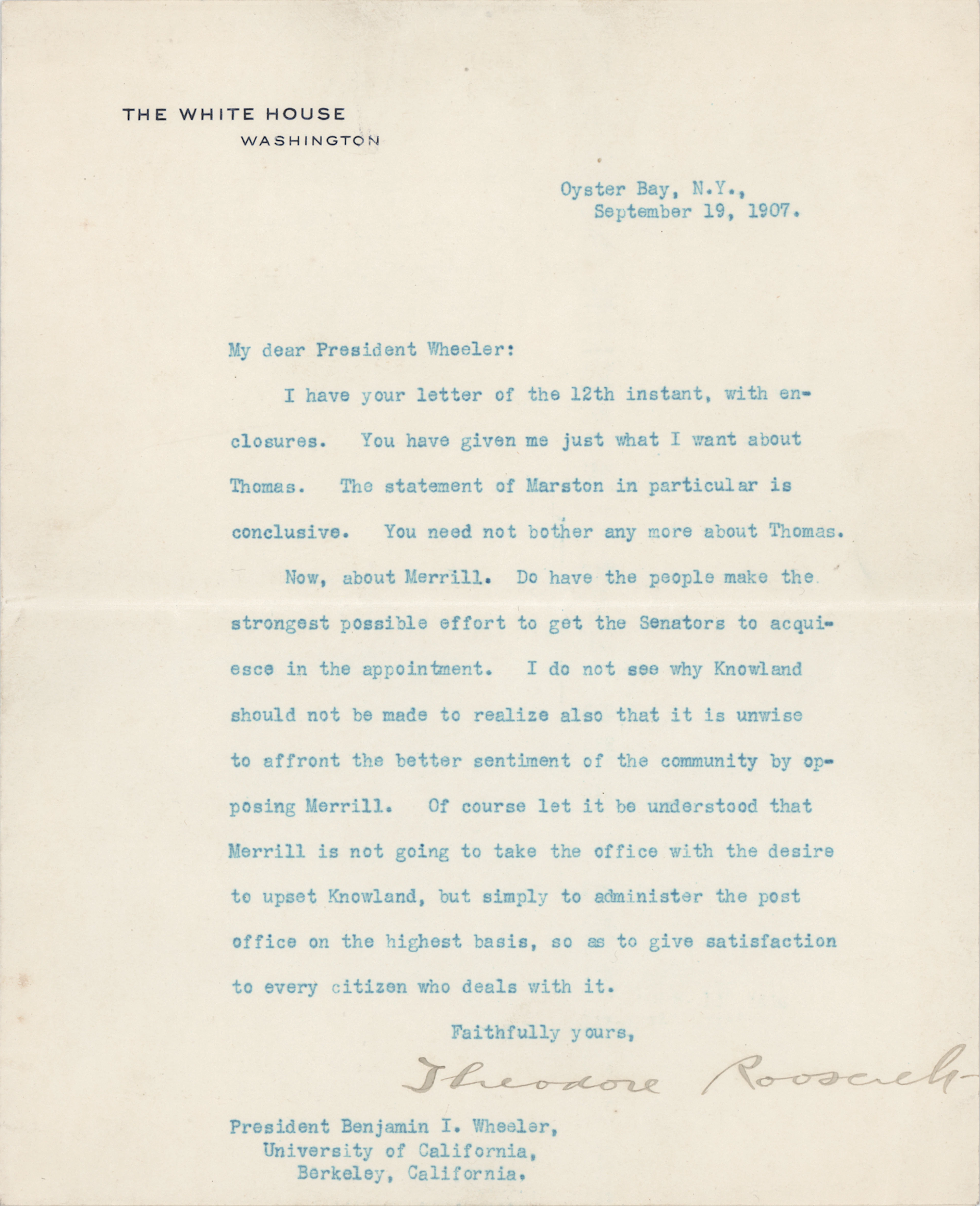 Theodore Roosevelt Typed Letter Signed as President