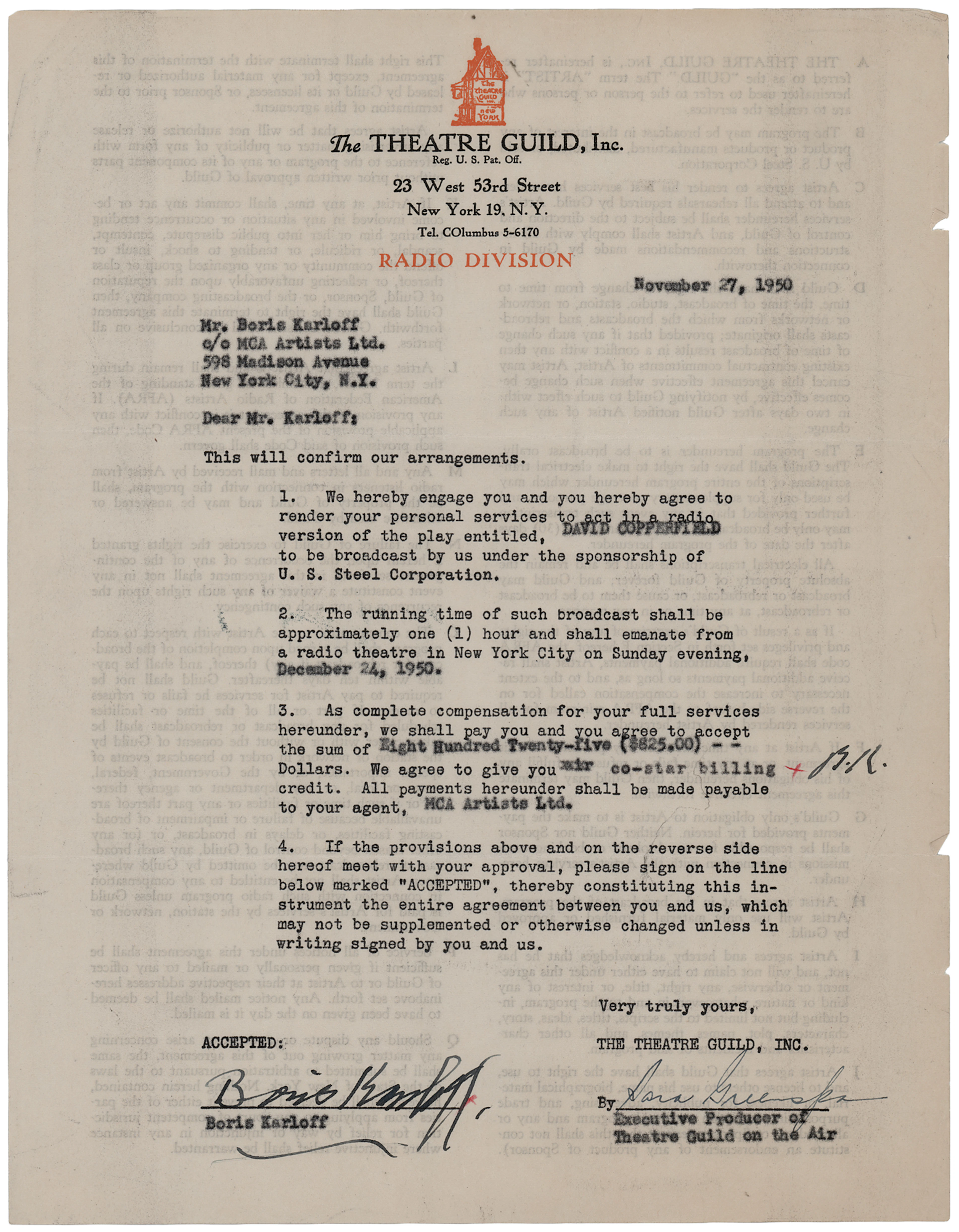 Boris Karloff Document Signed for 'David Copperfield'
