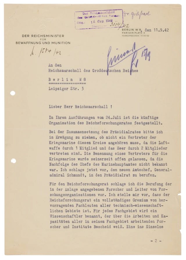 Albert Speer Typed Letter Signed to Hermann Göring, Proposing the