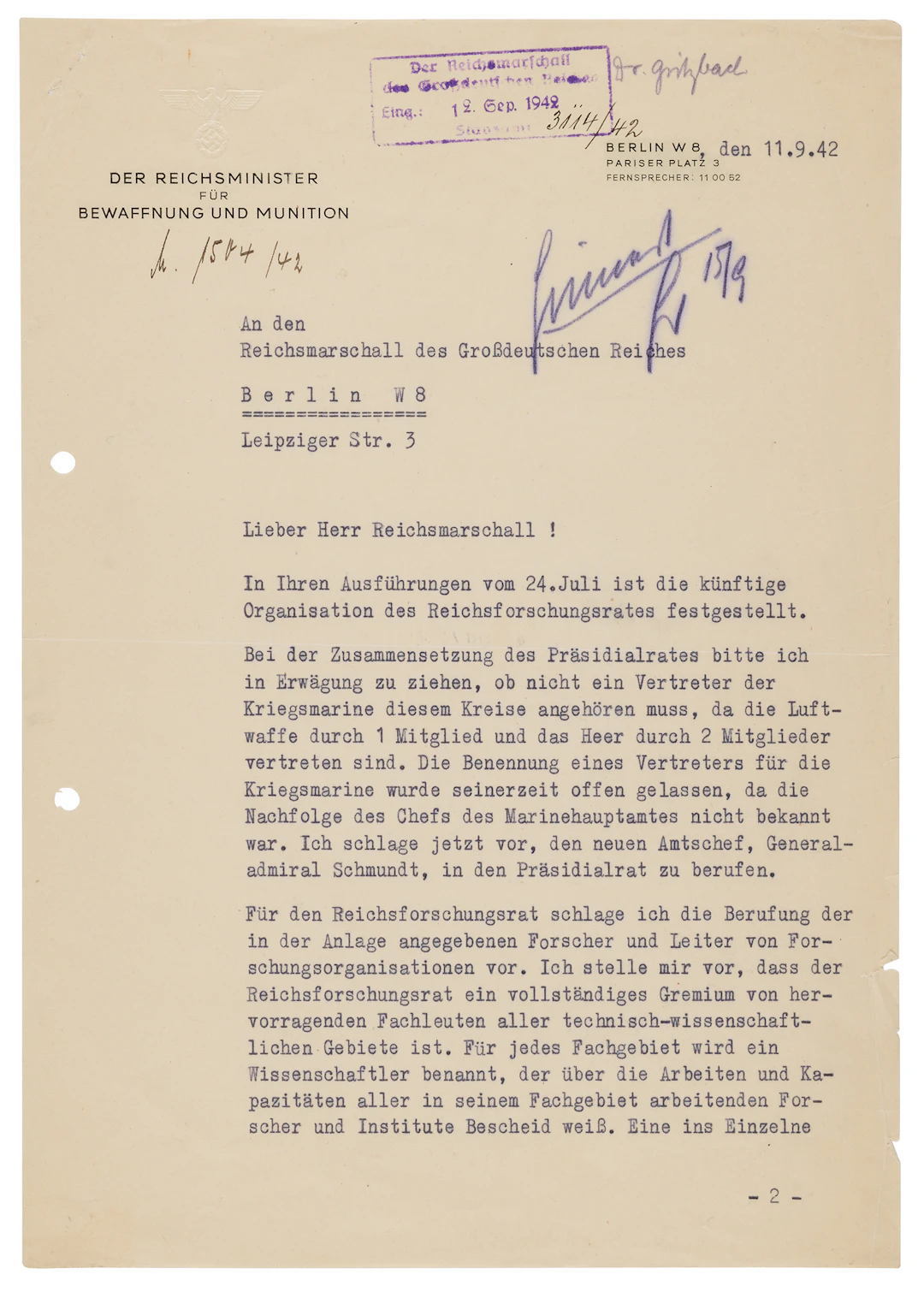 Albert Speer Typed Letter Signed to Hermann Göring, Proposing the