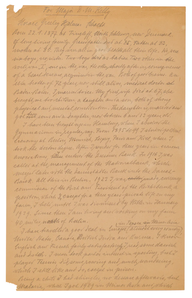 Hjalmar Schacht Autograph Manuscript Signed at Nuremberg, His Autobiographical