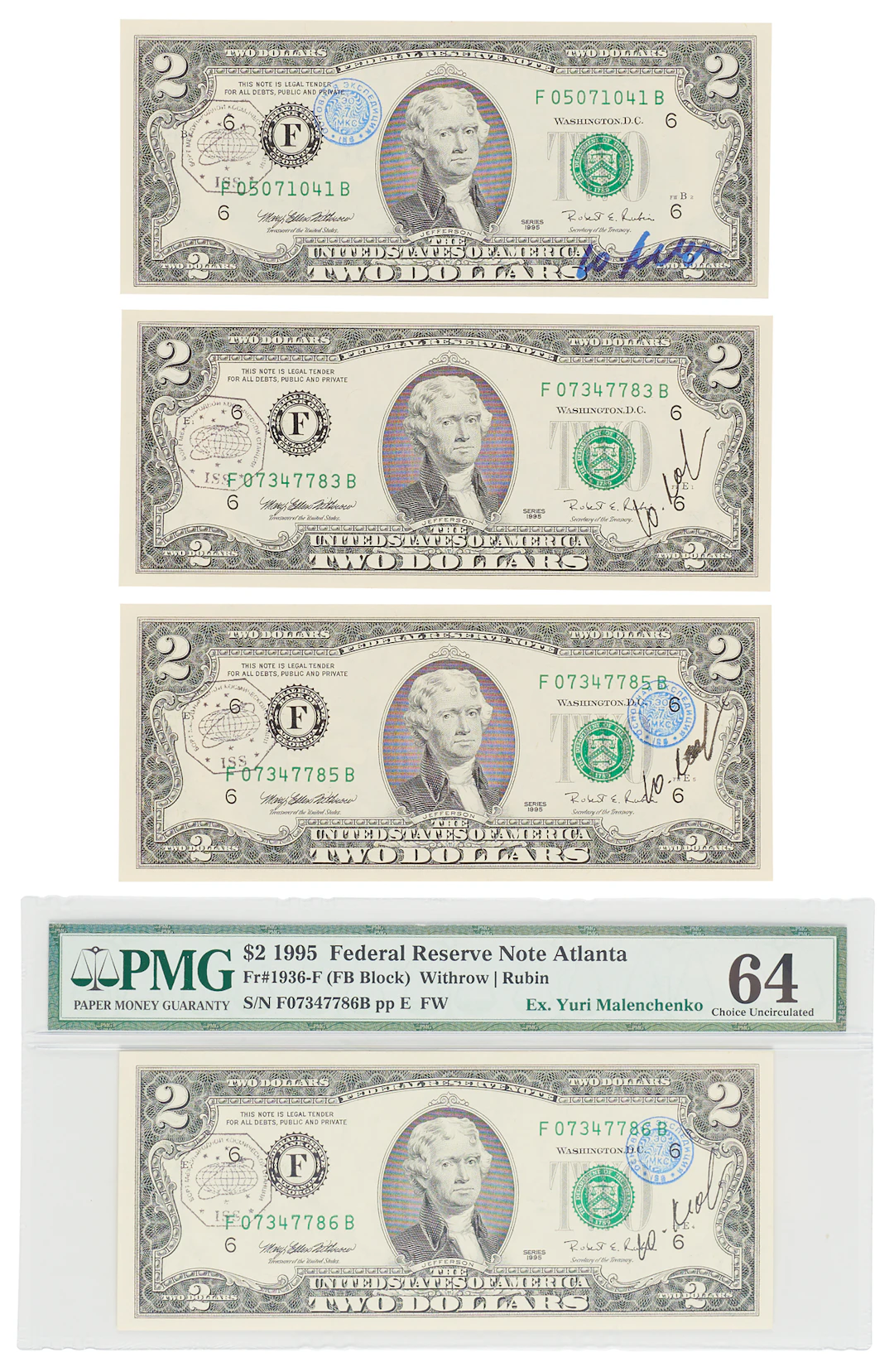 ISS Expedition 7/Soyuz TMA-2 (4) Flown $2 Dollar Bills, Signed by