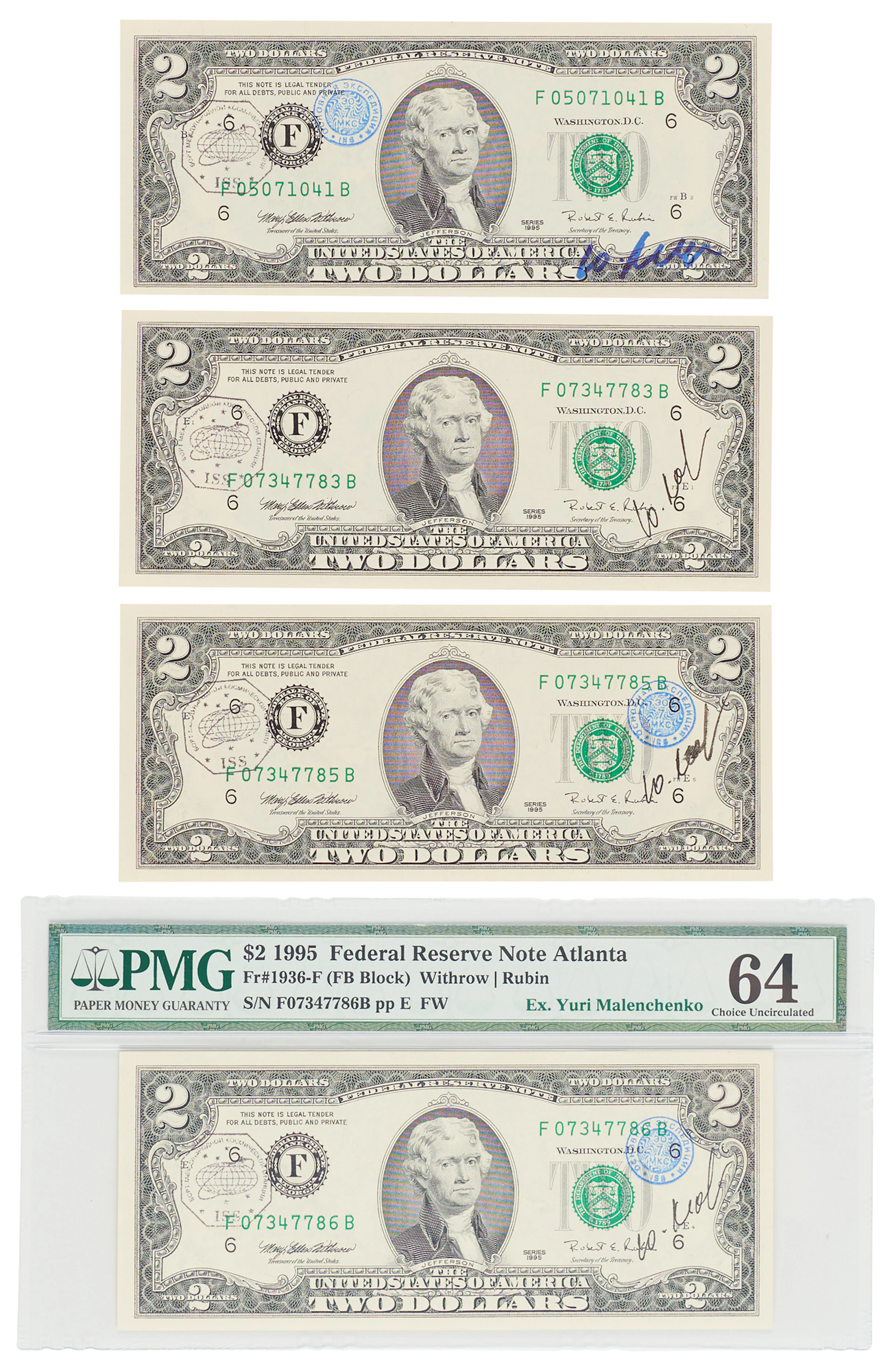 ISS Expedition 7/Soyuz TMA-2 (4) Flown $2 Dollar Bills, Signed by