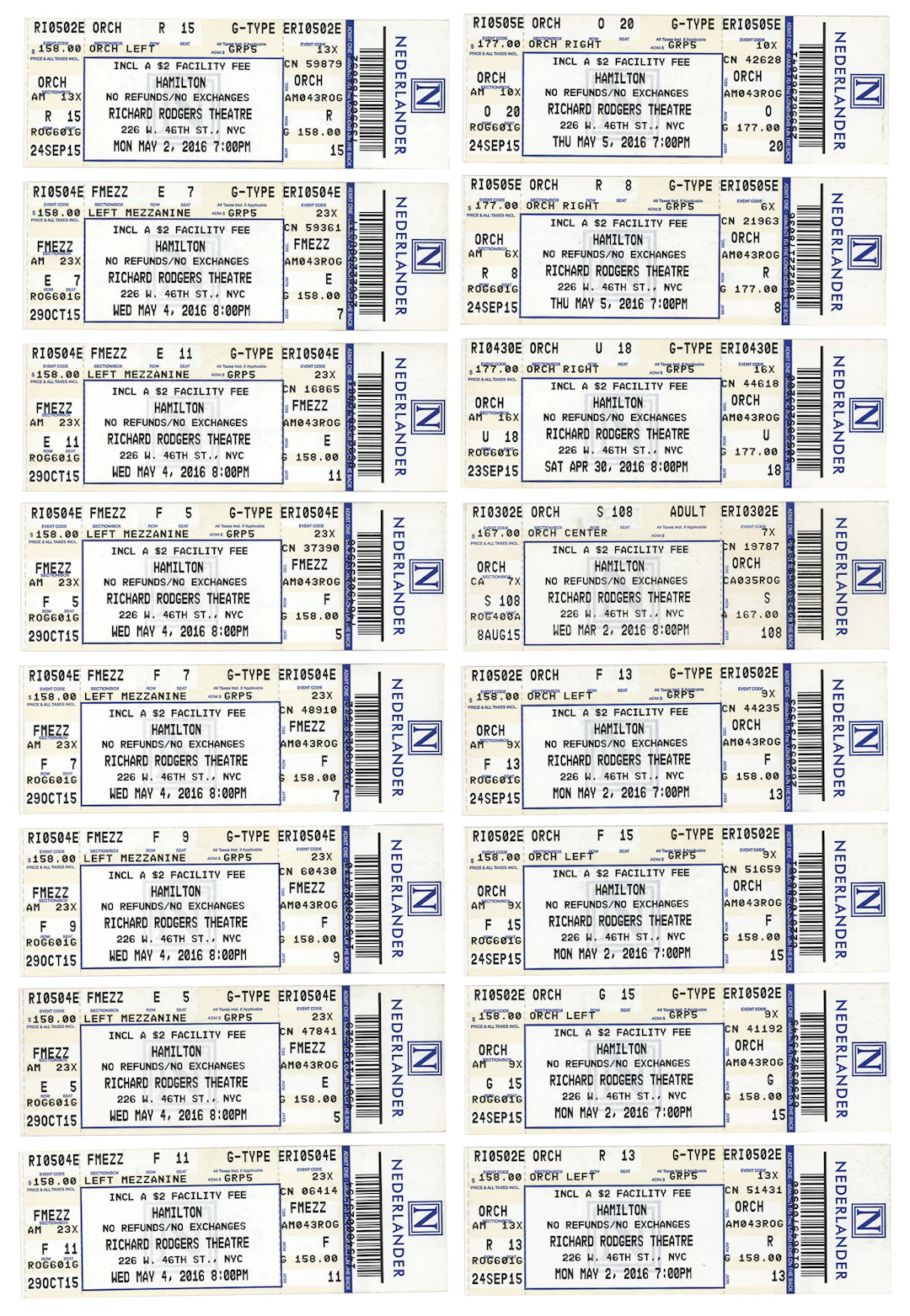 Hamilton Collection of (16) Complete Tickets From the Original Broadway