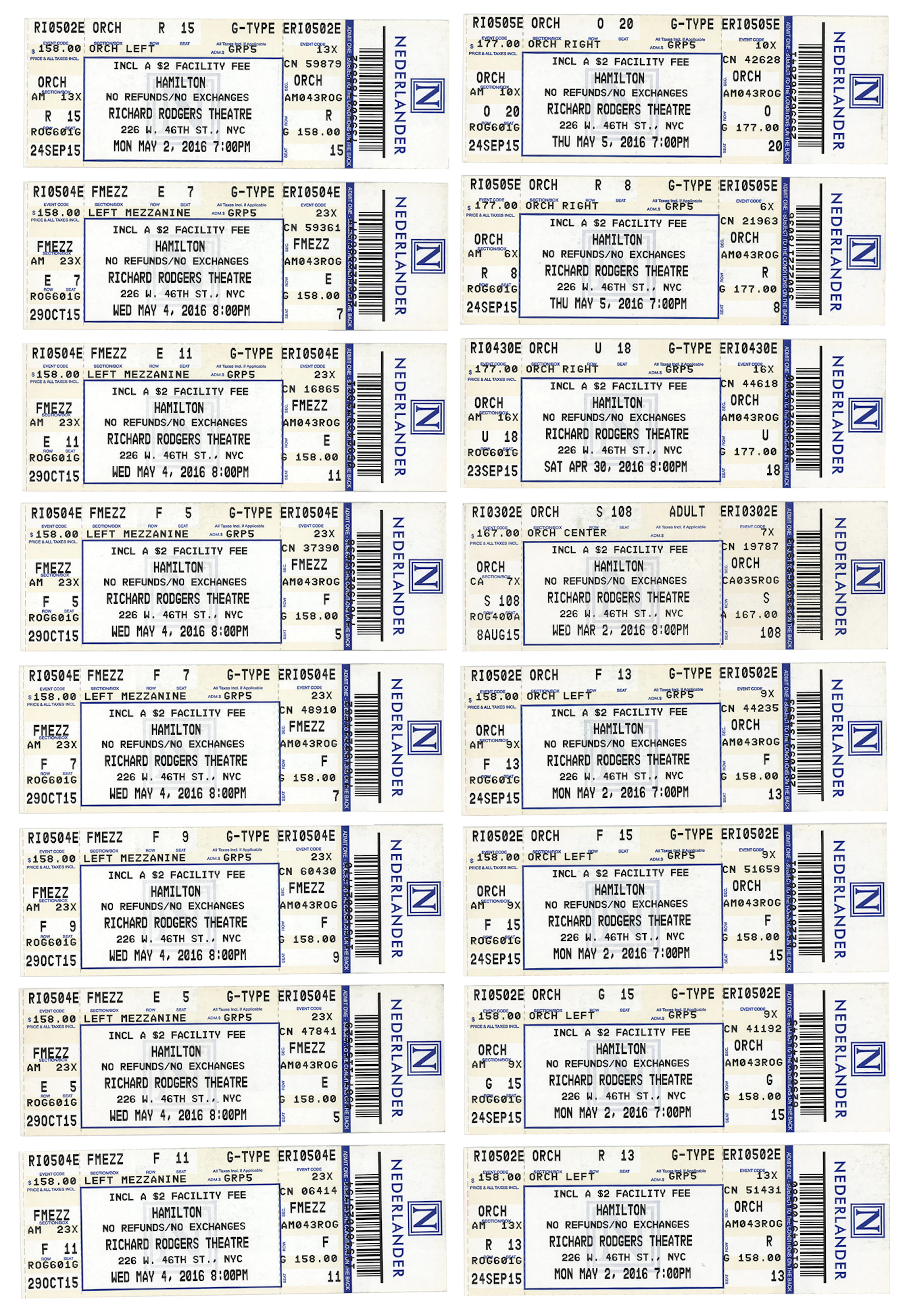 Hamilton Collection of (16) Complete Tickets From the Original Broadway