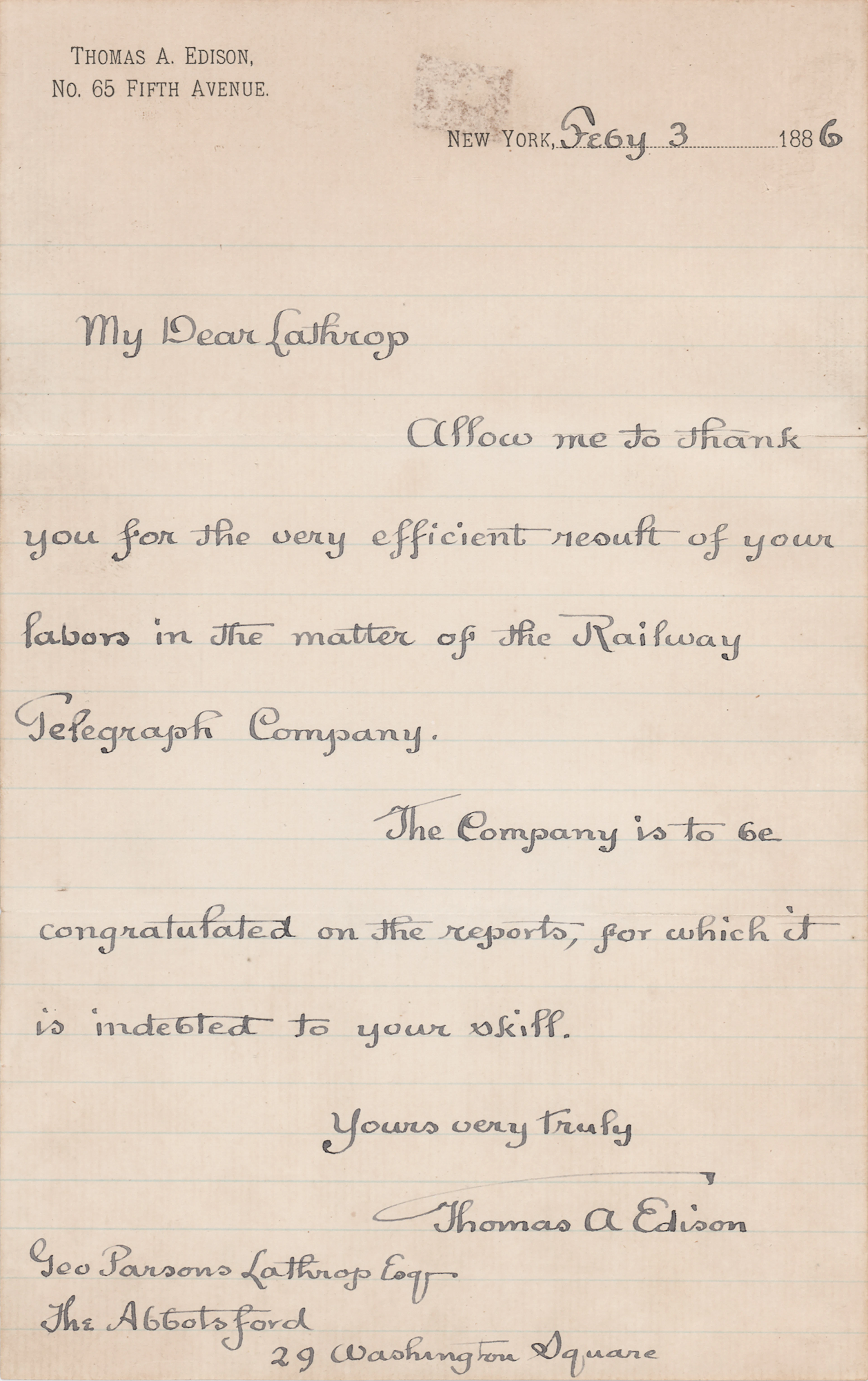 Thomas Edison Autograph Letter Signed on the Railway Telegraph Company (1886)
