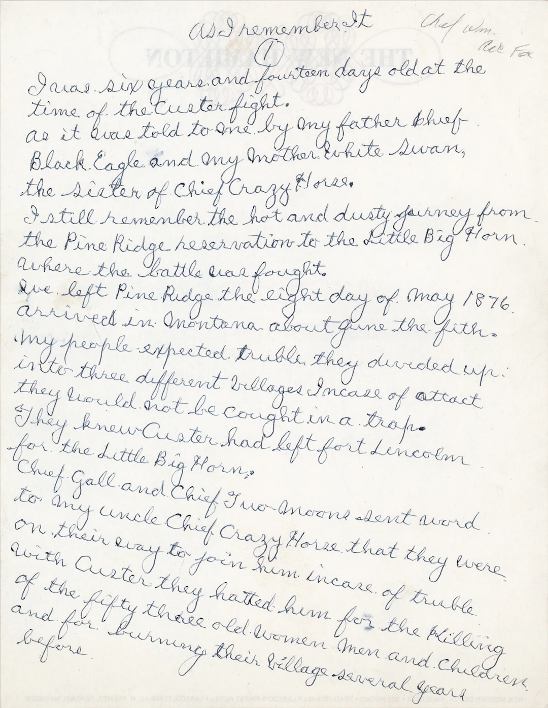 Chief Red Fox Autograph Manuscript Signed - Native American Account