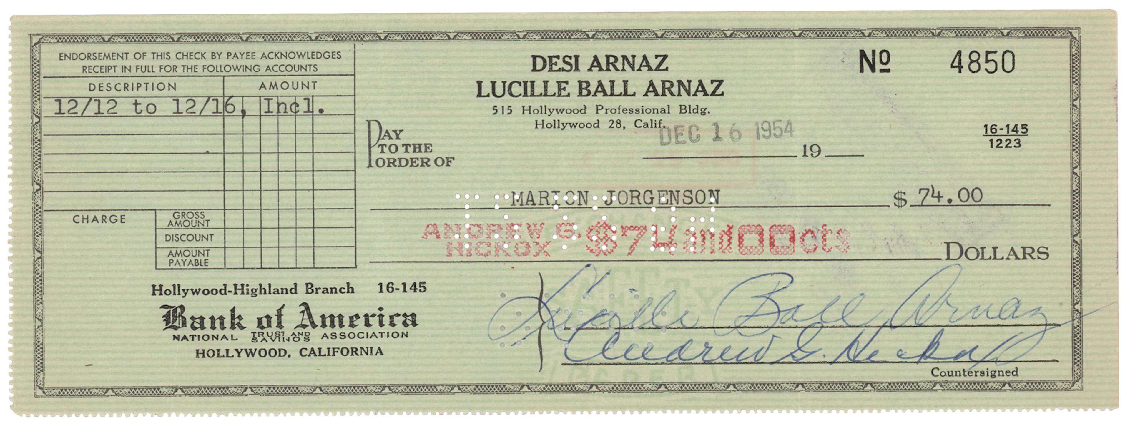 Lucille Ball Signed Check