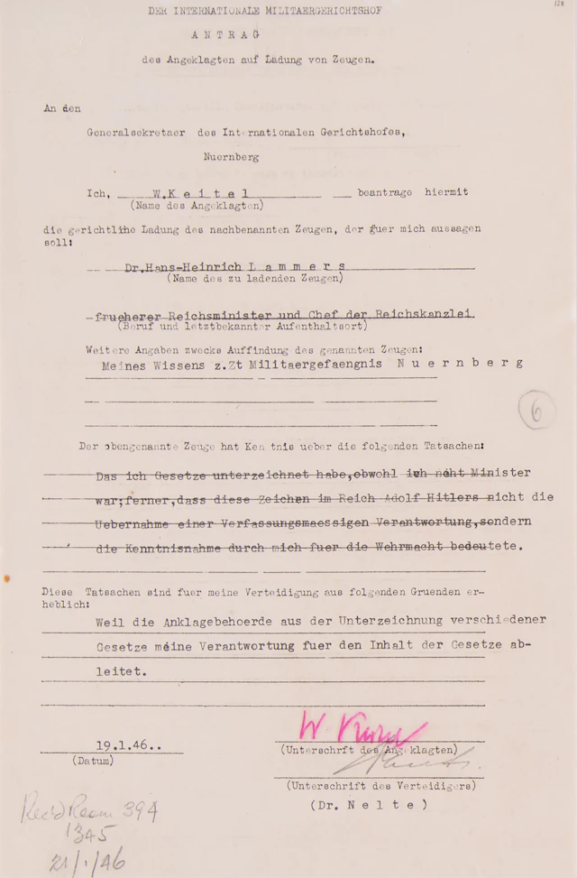 Wilhelm Keitel Document Signed at Nuremberg, Denying His 'Constitutional