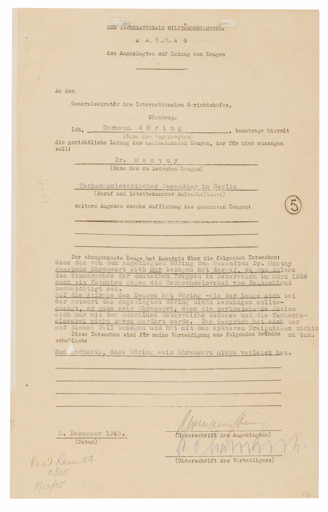 Hermann Göring Document Signed at Nuremberg, Defending His Broken