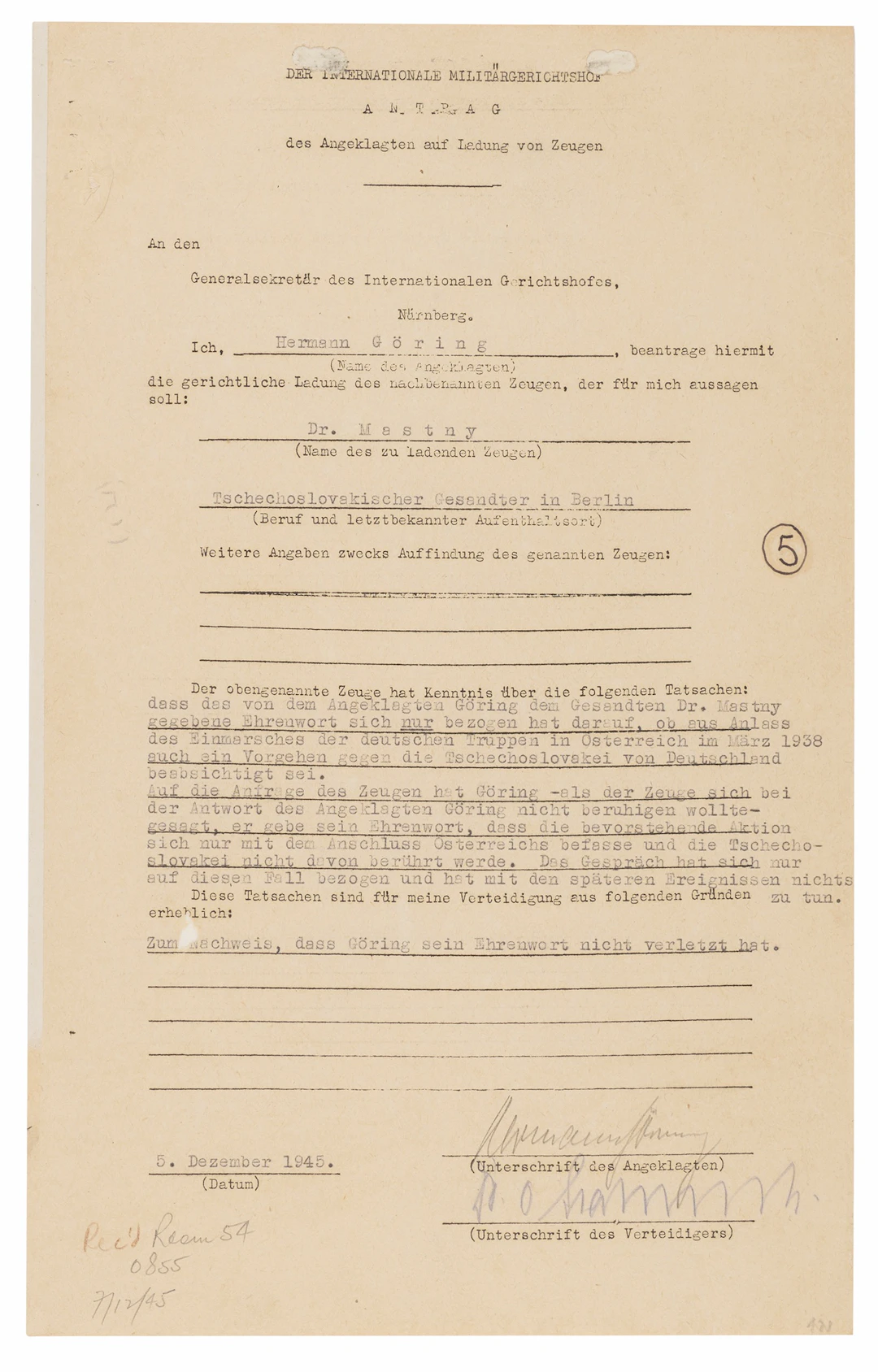 Hermann Göring Document Signed at Nuremberg, Defending His Broken
