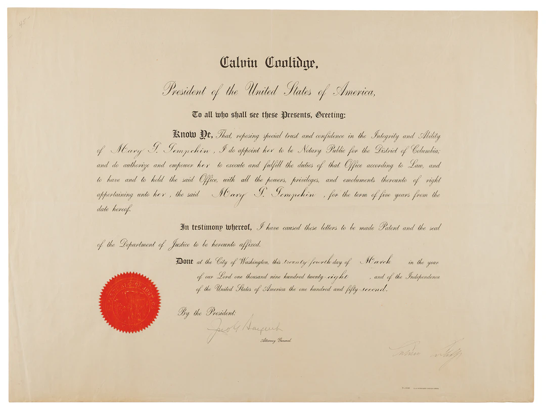 Calvin Coolidge Document Signed as President, Appointing a Notary Public