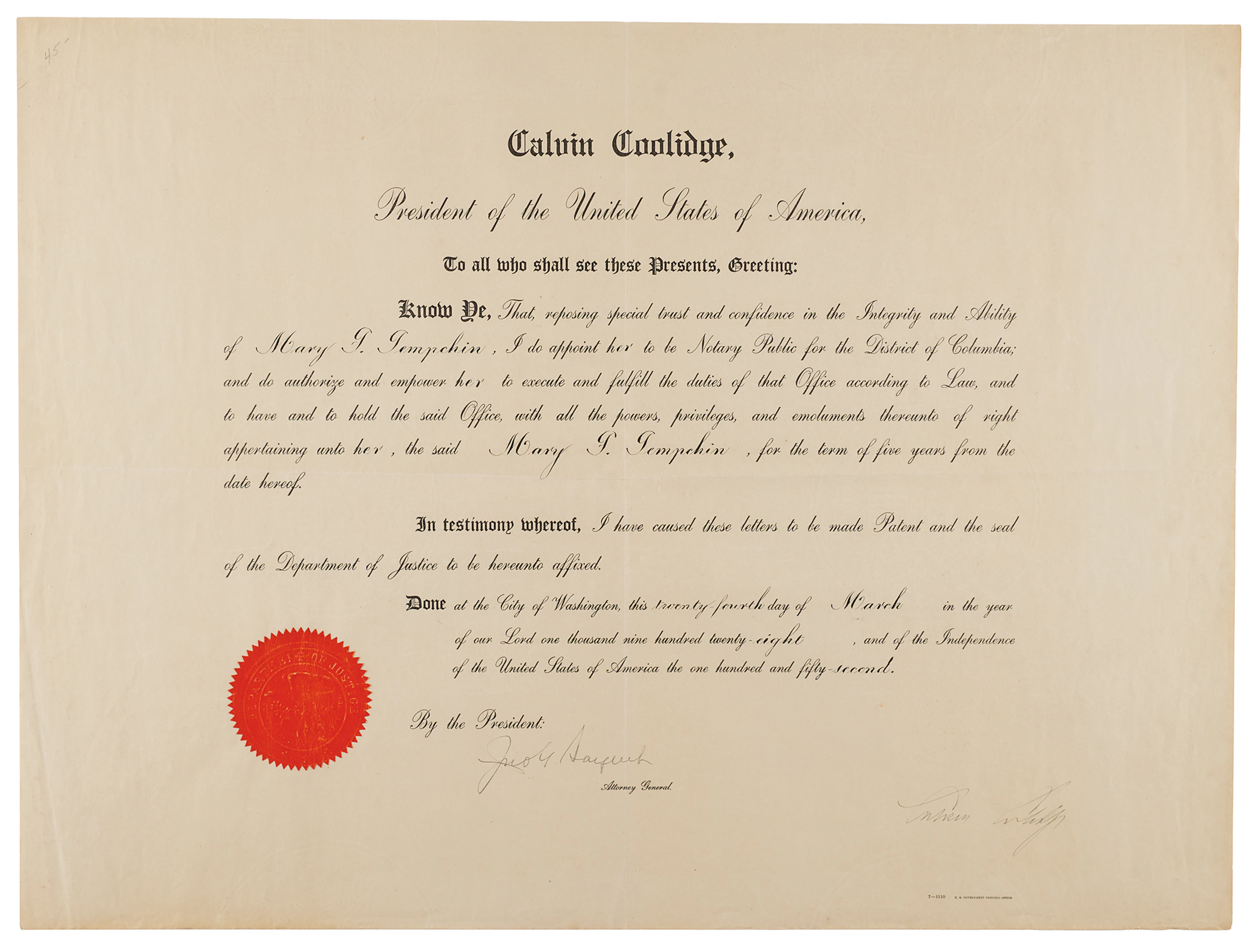 Calvin Coolidge Document Signed as President, Appointing a Notary Public