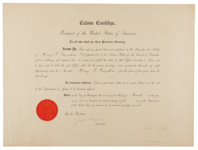 Calvin Coolidge Document Signed as President, Appointing a Notary Public
