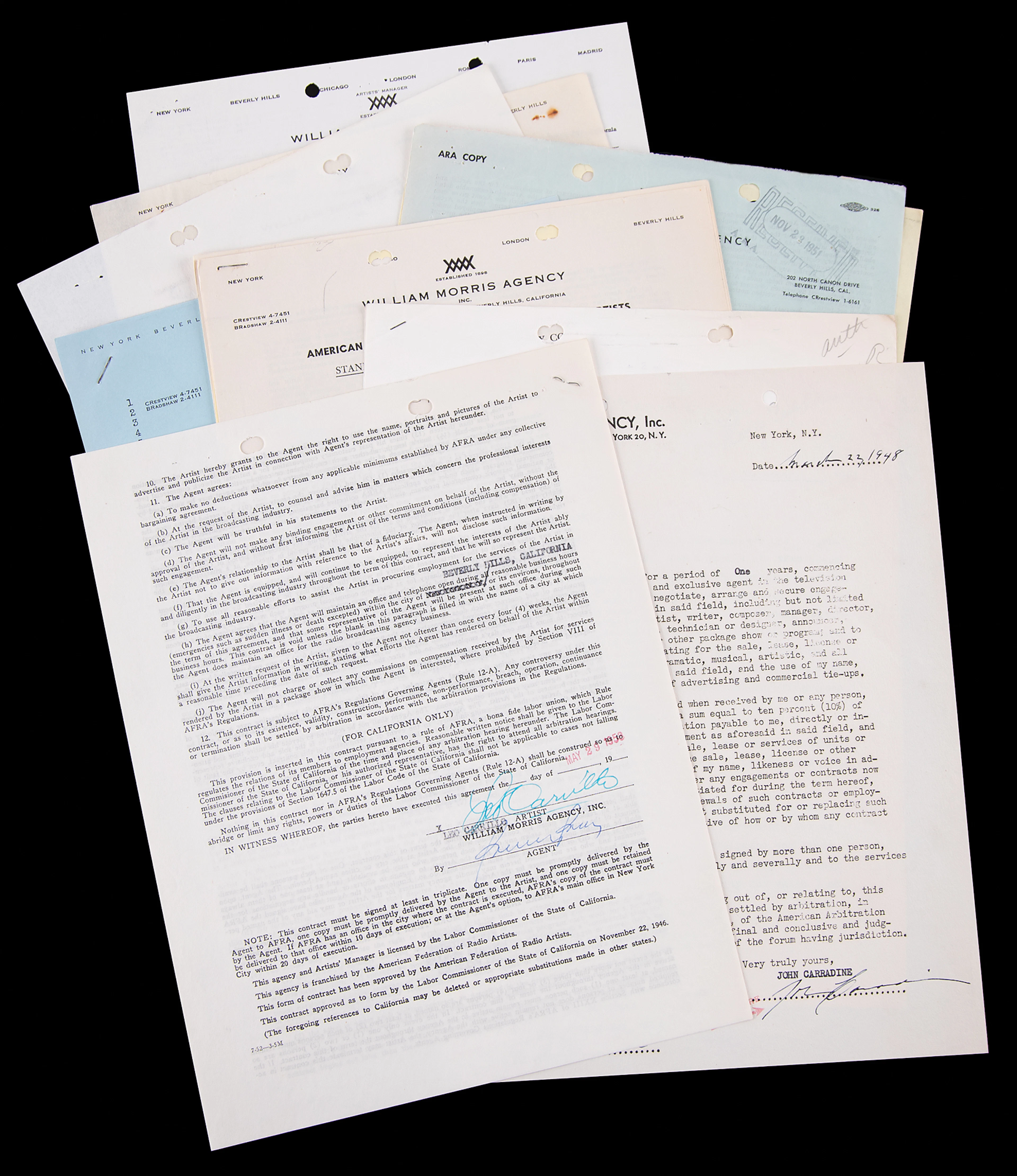 Western Legends (13) Documents Signed, with Walter Brennan, John Carradine