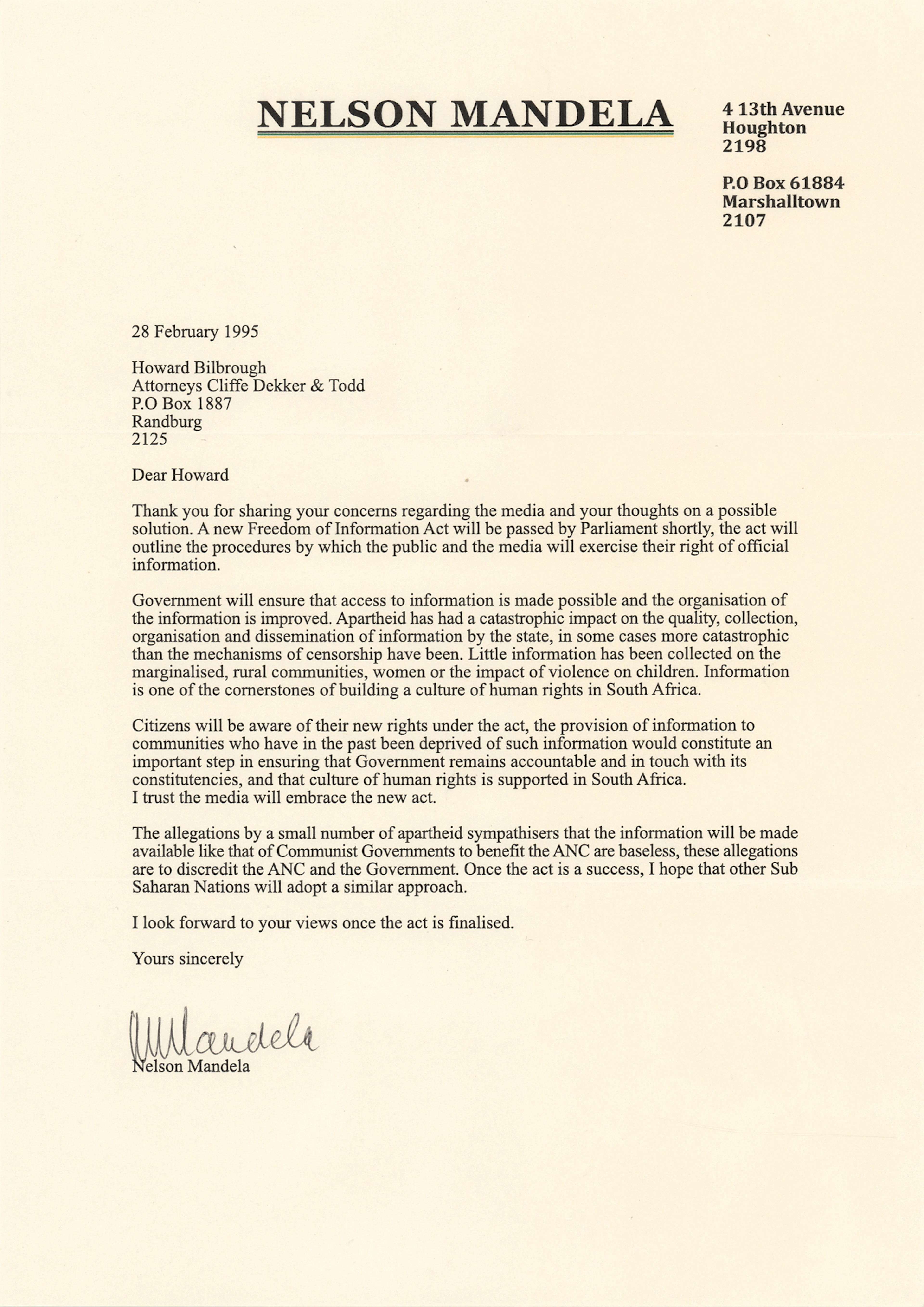 Nelson Mandela Typed Letter Signed: "Information is one of the cornerstones