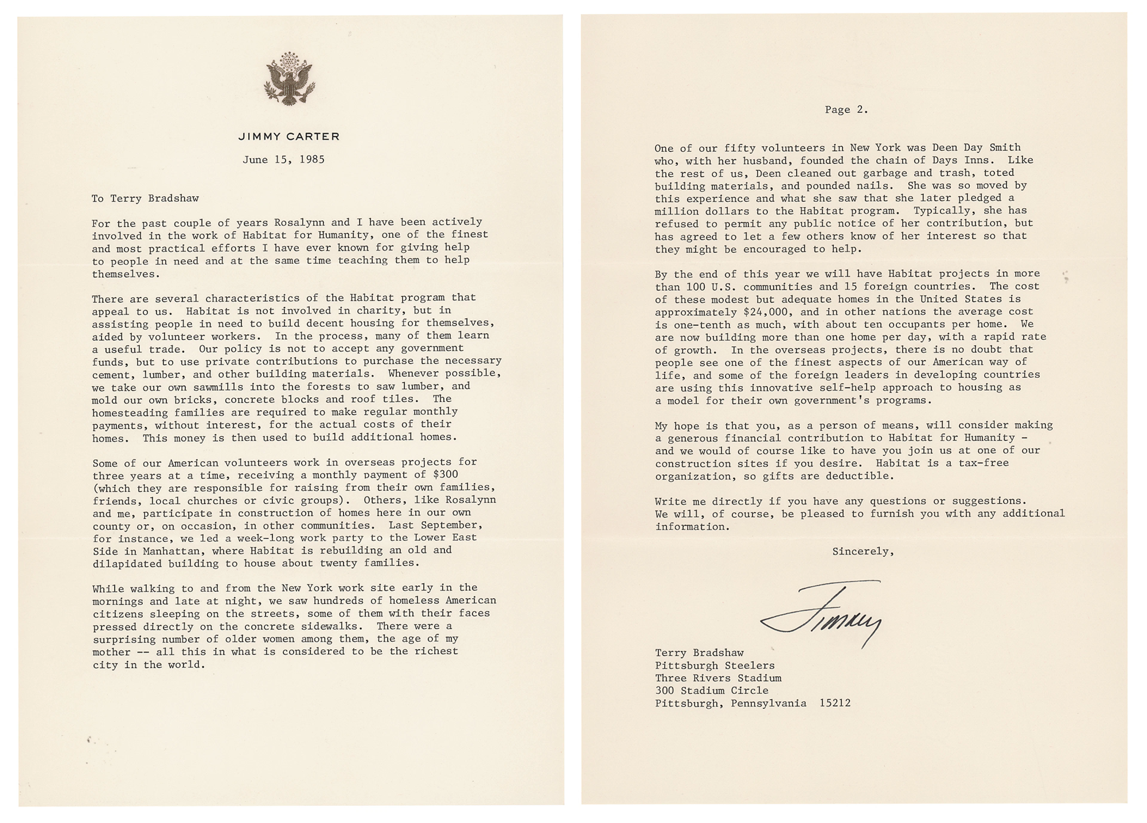 Jimmy Carter Typed Letter Signed to Pittsburgh Steelers HOFer Terry Bradshaw