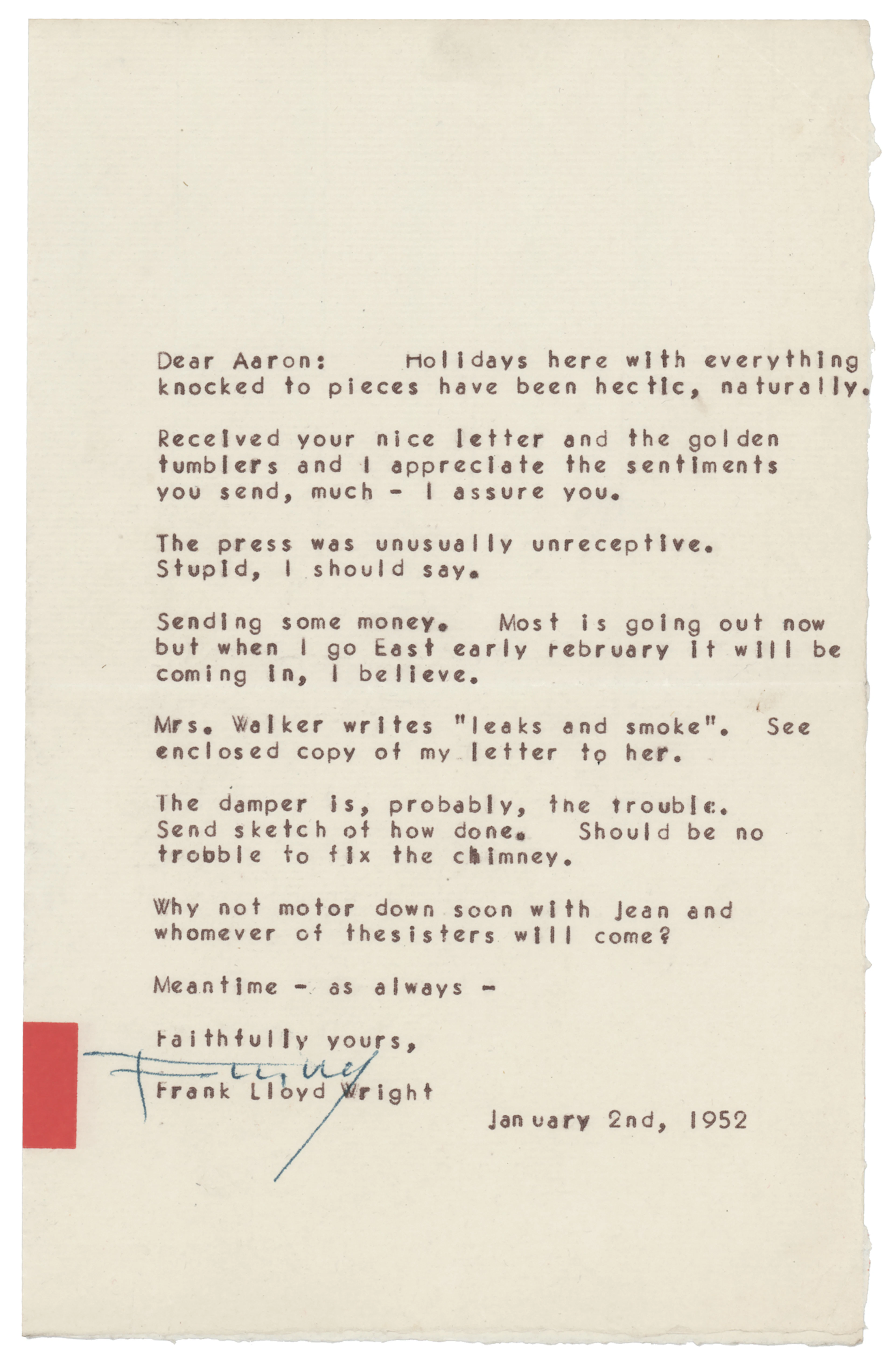 Frank Lloyd Wright Typed Letter Signed on the Mrs. Clinton Walker House