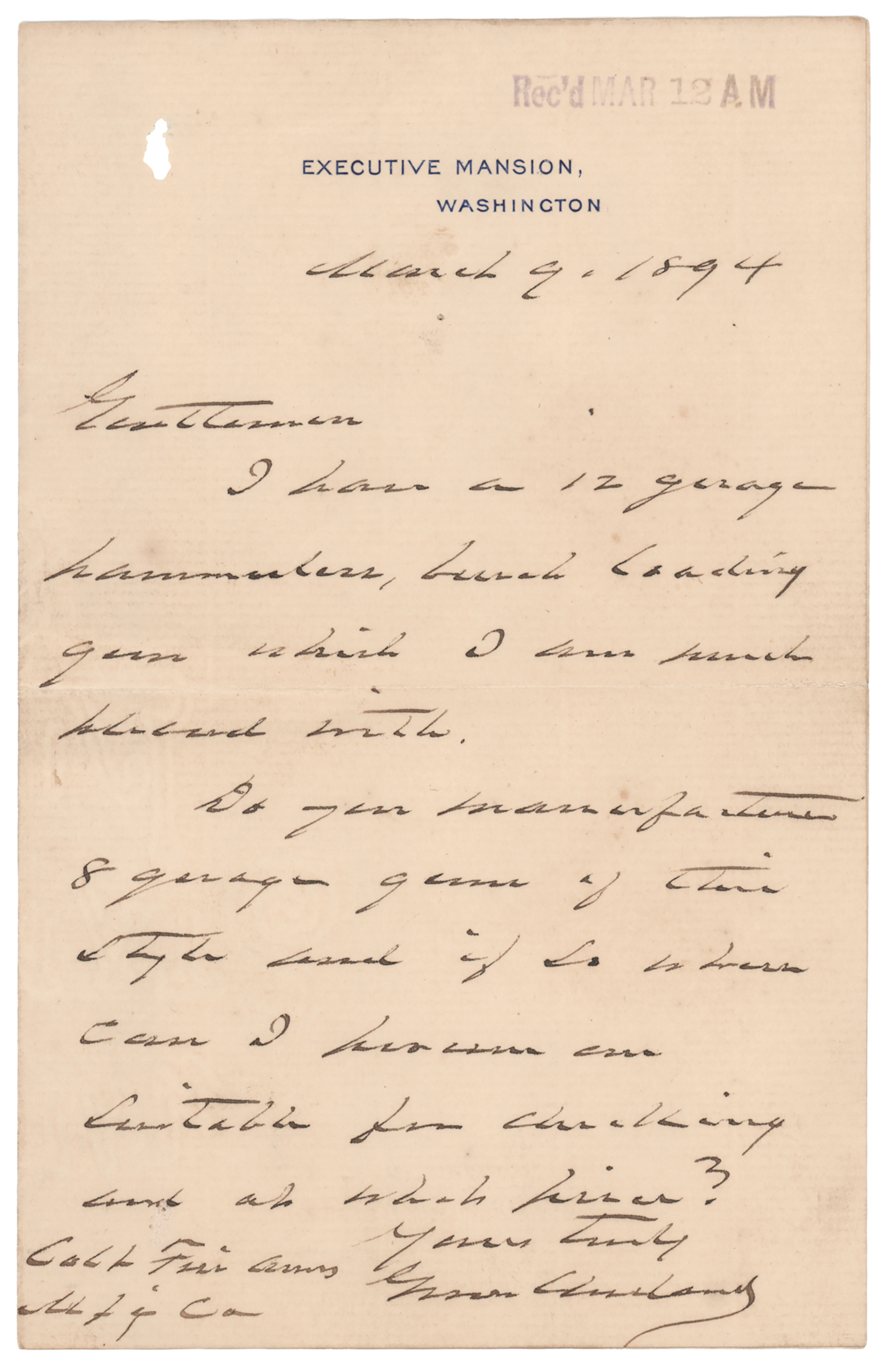 Grover Cleveland Autograph Letter Signed as President to Colt's Patent