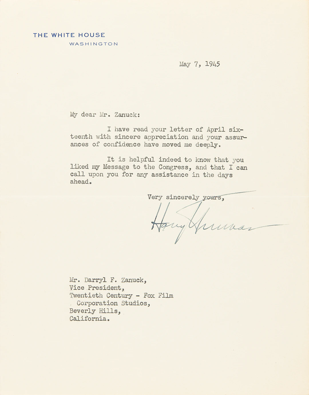 Harry S. Truman Typed Letter Signed as President on Day of Germany’s