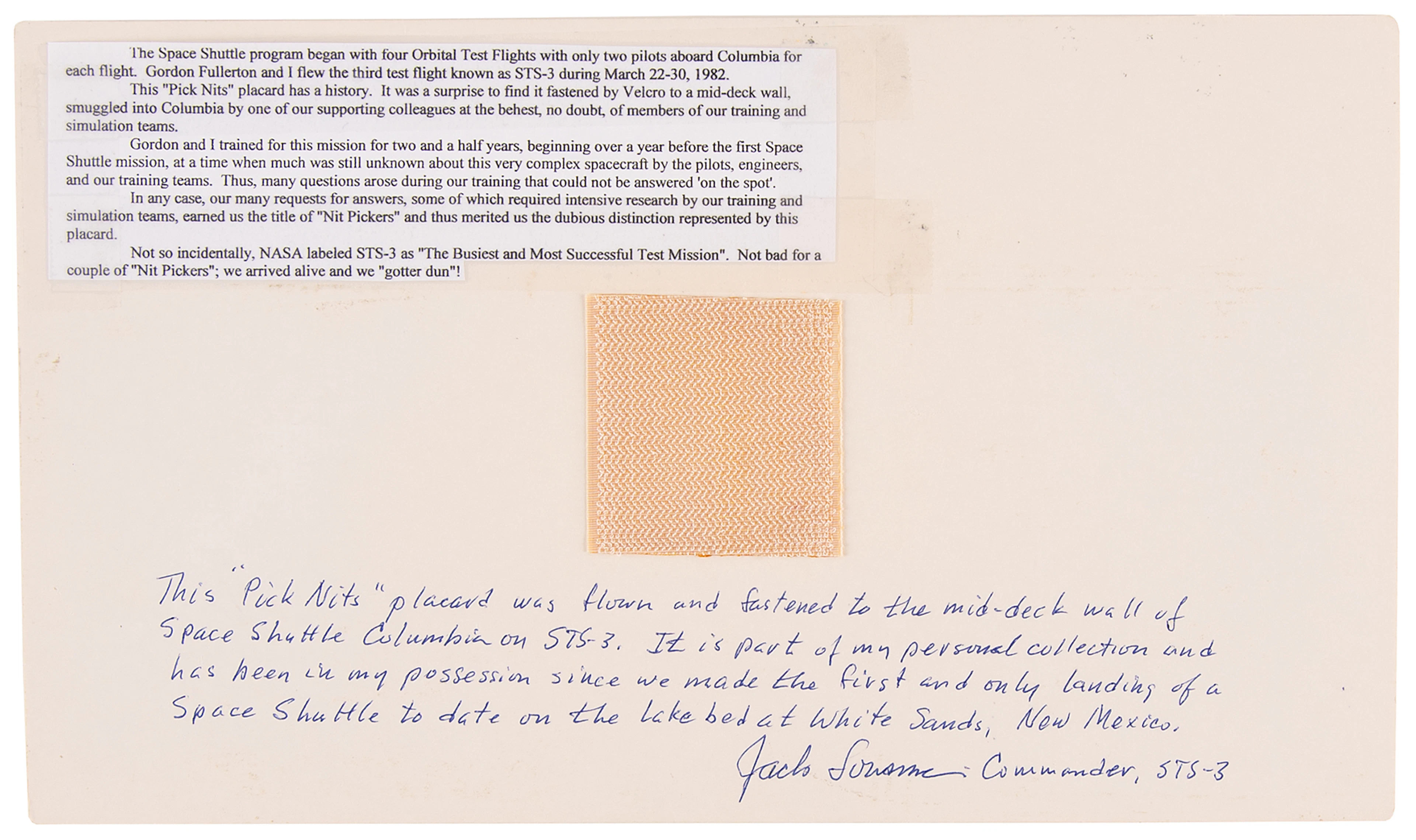 STS-3 Flown "Pick Nits" 'Gotcha' Cue Card - From the Personal Collection